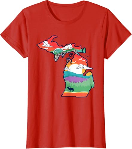 Miniatura 52 de Michigan Outside Vintage Nature Illustration Artistic T-Shirt Slate Grey,White,Baby Blue,Red,Silver Grey,Dark Green,Kelly Green,Olive Green,Lemon