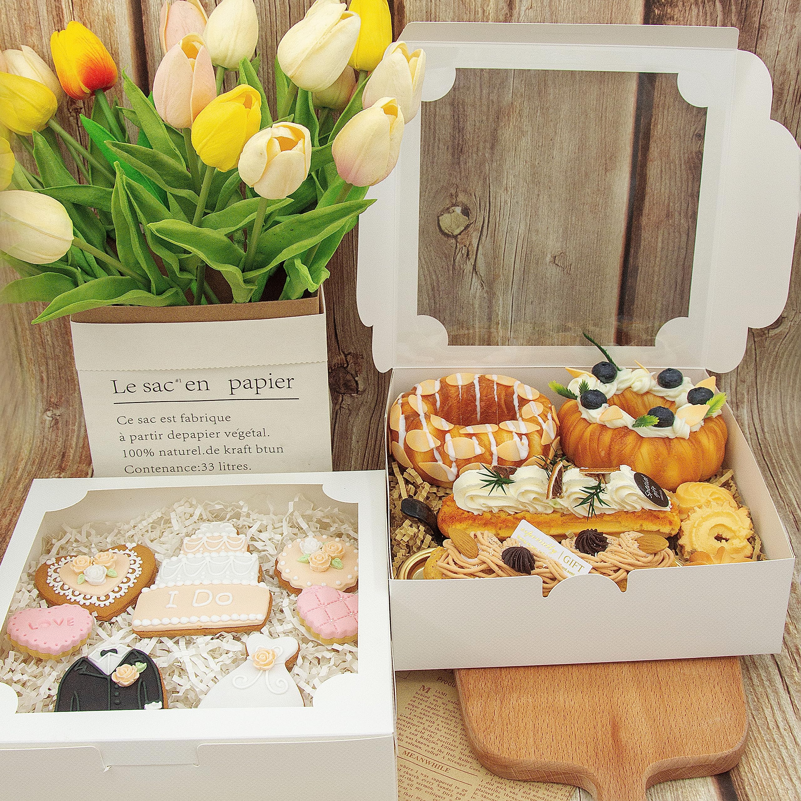 20 szt. 20 x 20 cm białe pudełka do piekarni pudełka na ciasteczka z okiennymi pudełkami na smakołyki pudełka deserowe na ciasteczka, ciasta, pączki, babeczki, czekolady, babeczki i ciasto na