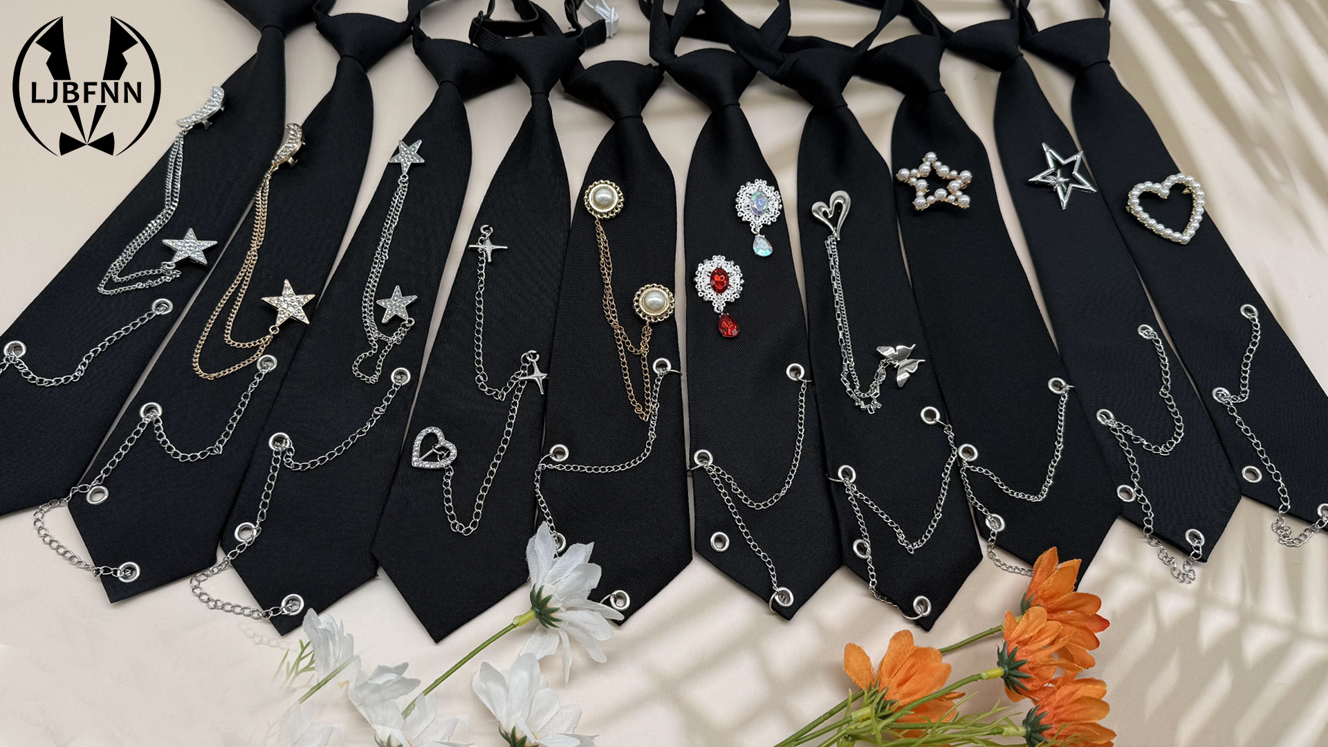 LJBFNN Black Ties for Women, Womens Tie with Metal Chain 2.76