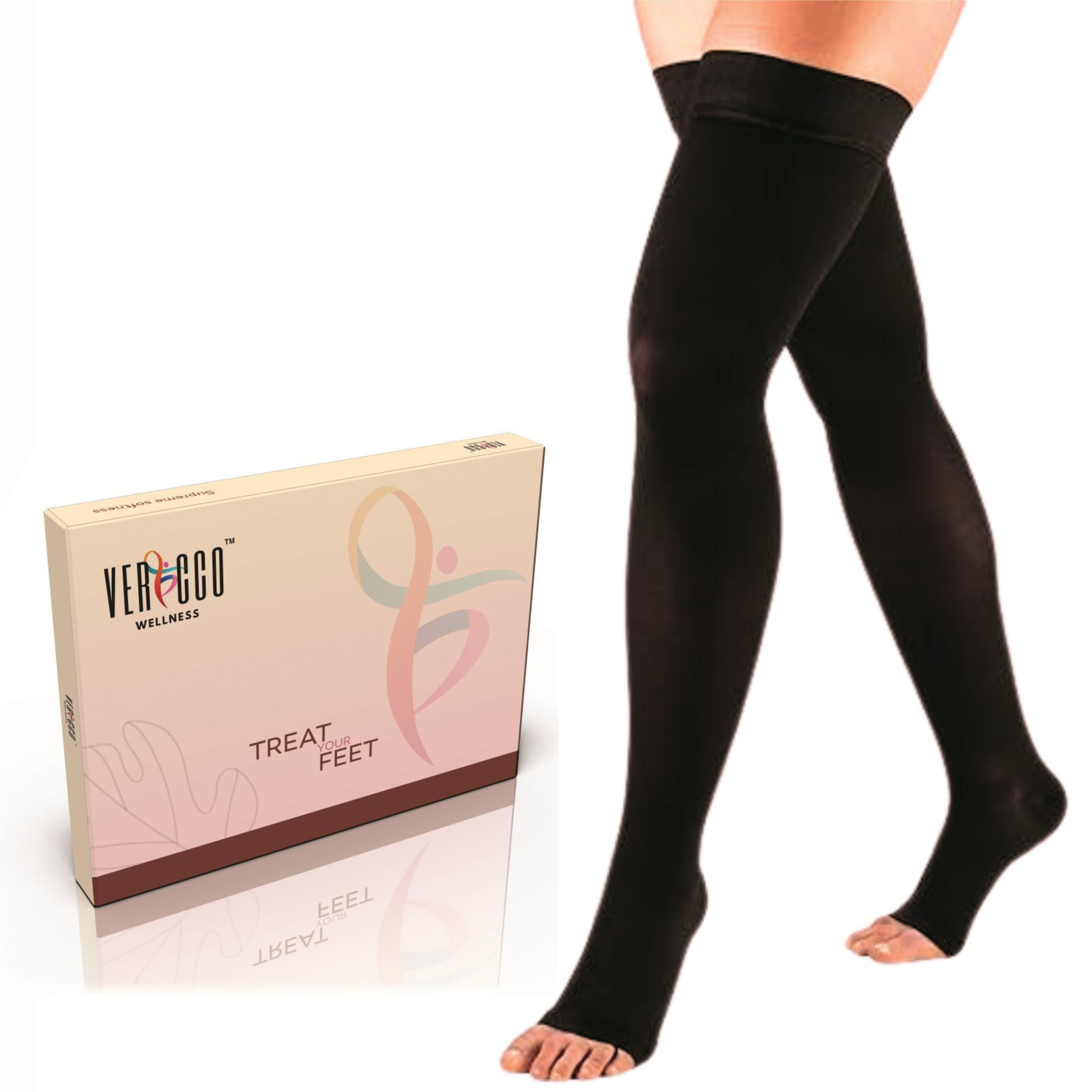 Vericco Wellness Medical Compression Stockings for Varicose Veins | Class 2 Thigh Length | Class II Compression Socks | Varicose veins stockings for Men and Women 23-32 mm Hg (Small) - Black