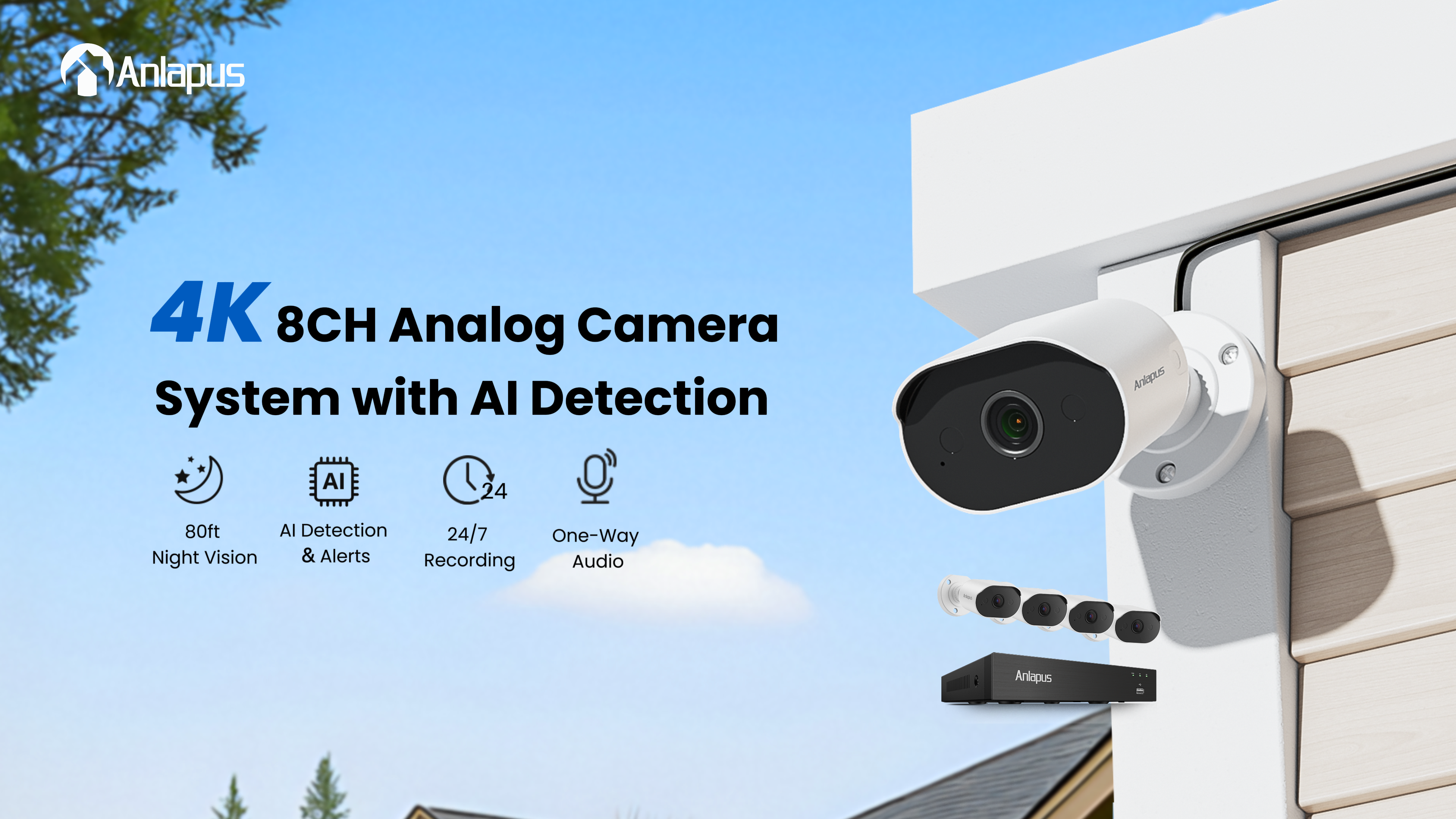 LongPlus 4K PoE Security Camera System – 8-Channel NVR With 2TB HDD, 4 Wired Outdoor Cameras With AI Detection, Two-Way Audio & Strobe Alarm