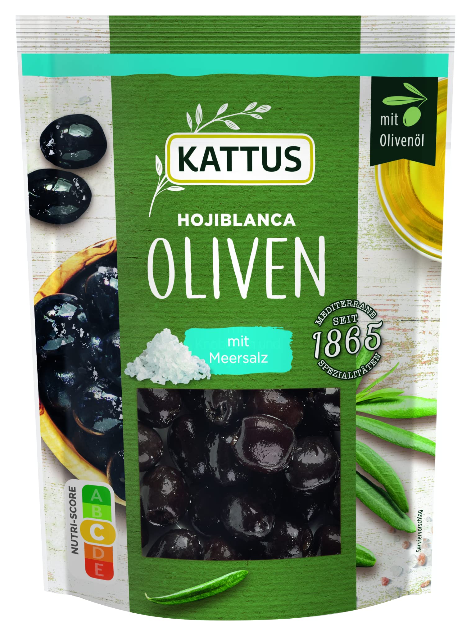 Kattus - Schwarze Hojiblanca Oliven mit Meersalz | Entsteinte Hojiblanca Oliven mit Olivenöl und Meersalz mariniert | Im wiederverschließbaren Beutel | 120 g im Beutel