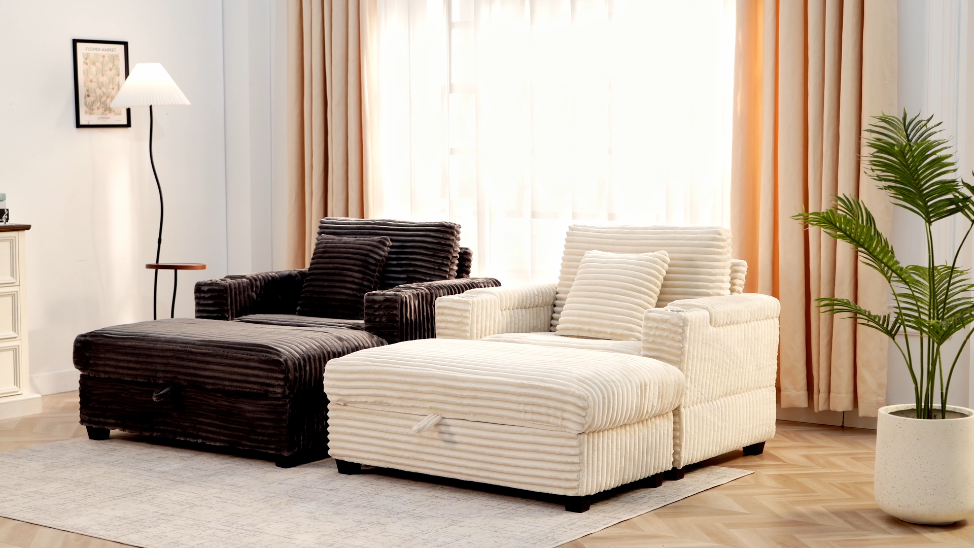 Sillón chaise grande beige con portavasos y USB miniatura 7