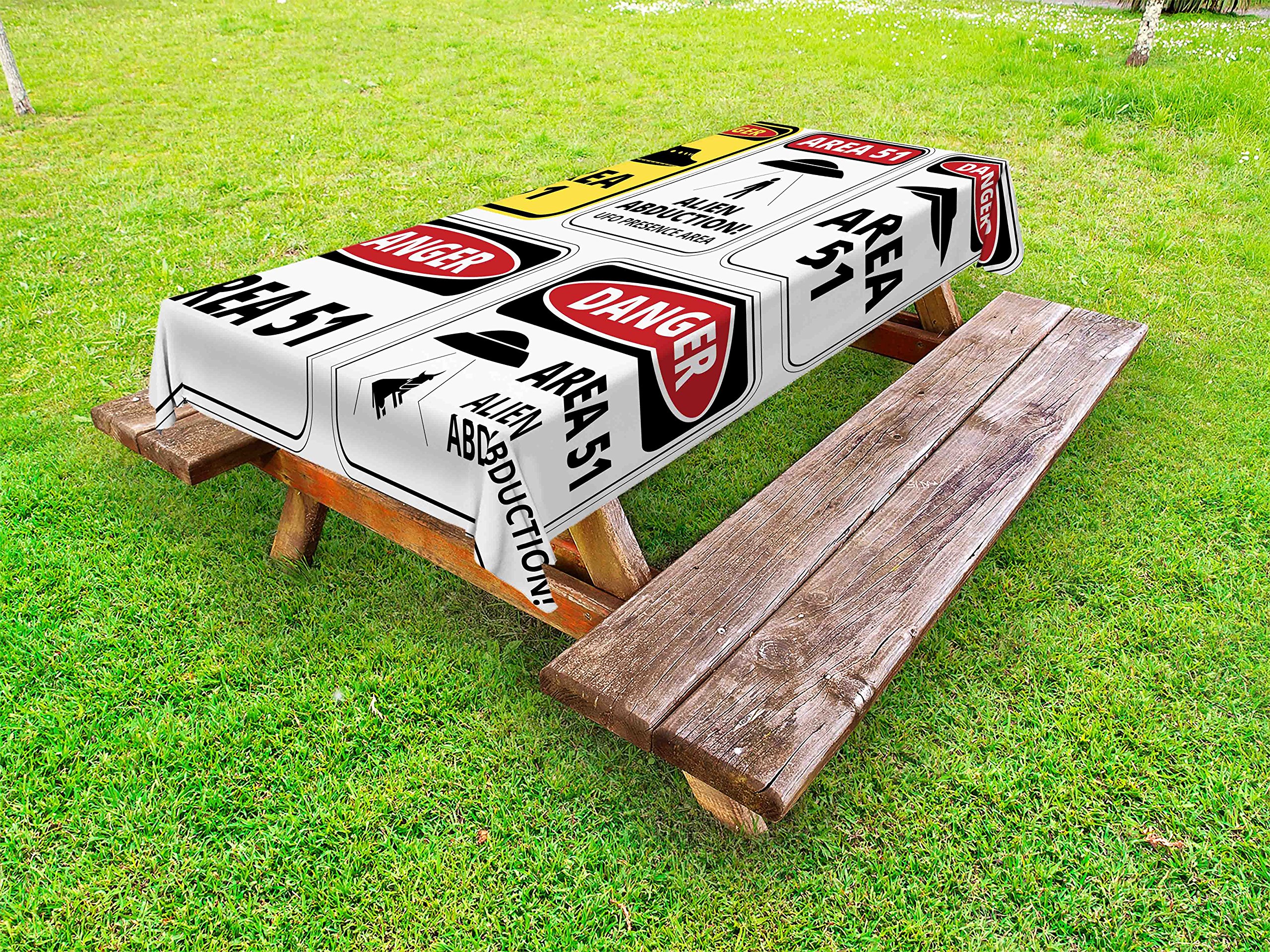 Lunarable Outer Space Outdoor Tablecloth, Comic Alien Abduction Signs Composition Area 51 UFO Presence Fantasy Concept, Decorative Washable Picnic Table Cloth, 58" X 84", Black Red