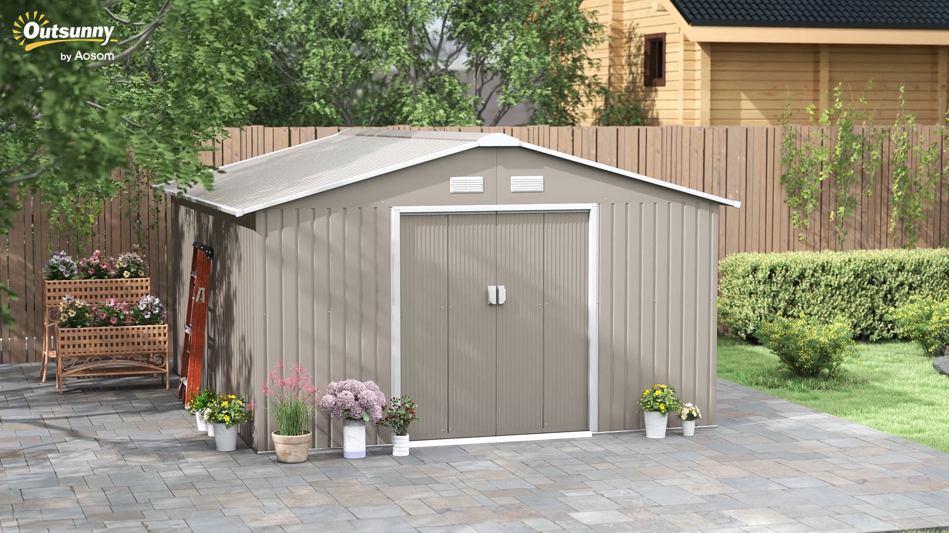 Outsunny 11' x 13' Garden Storage Shed with Foundation Kit, Metal