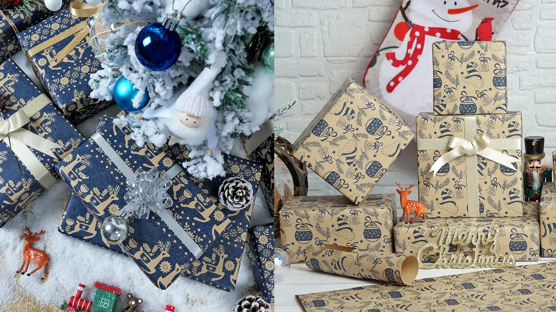 Kraft Christmas Wrapping Paper - Vintage Santa & Reindeer Design, 17" X 16.4' Mini Roll