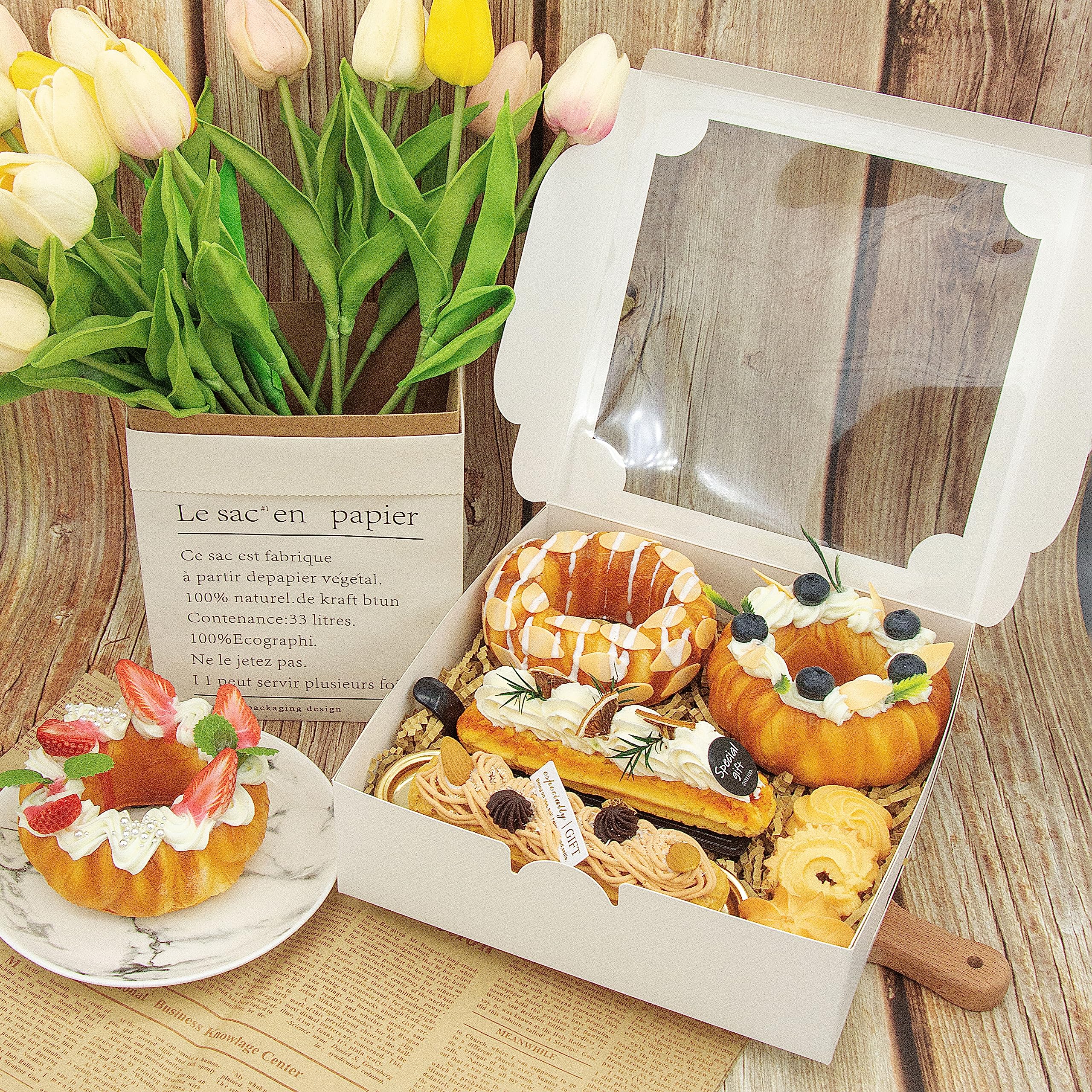 20 szt. 20 x 20 cm białe pudełka do piekarni pudełka na ciasteczka z okiennymi pudełkami na smakołyki pudełka deserowe na ciasteczka, ciasta, pączki, babeczki, czekolady, babeczki i ciasto na