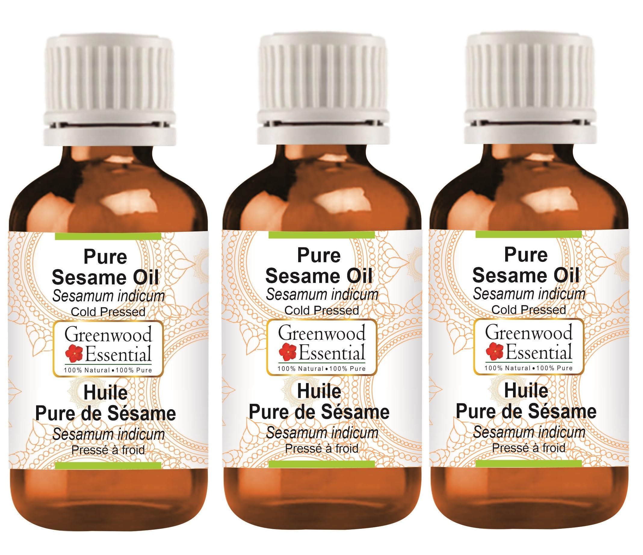 Greenwood Essential Pure Sesame Oil (Sesamum indicum) 100% Natural Therapeutic Grade for Hair & Skin (Pack of Three)100ml X 3 (10 oz)