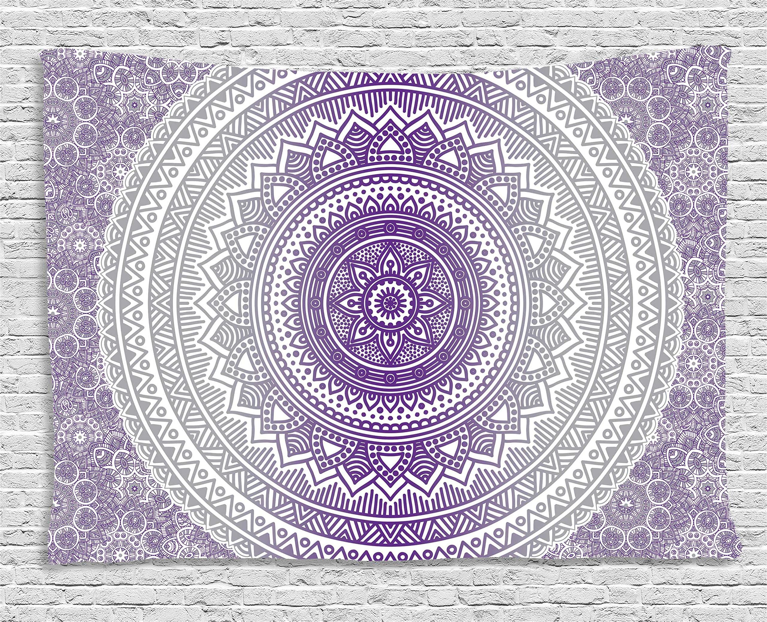 Ambesonne Grey and Purple Tapestry, Eastern Traditional of Cosmos Pattern Boho Ombre Mandala Design Print, Wide Wall Hanging for Bedroom Living Room Dorm, 60" X 40", Purple White