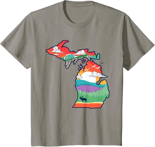 Miniatura 42 de Michigan Outside Vintage Nature Illustration Artistic T-Shirt Slate Grey,White,Baby Blue,Red,Silver Grey,Dark Green,Kelly Green,Olive Green,Lemon