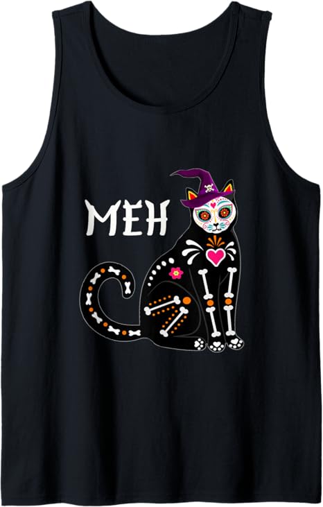 Sugar Skull Cat Meh Funny Halloween tees