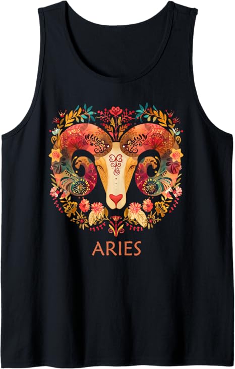 Aries Sign Floral Zodiac Boho Botanical Ram Astrology Tank Top