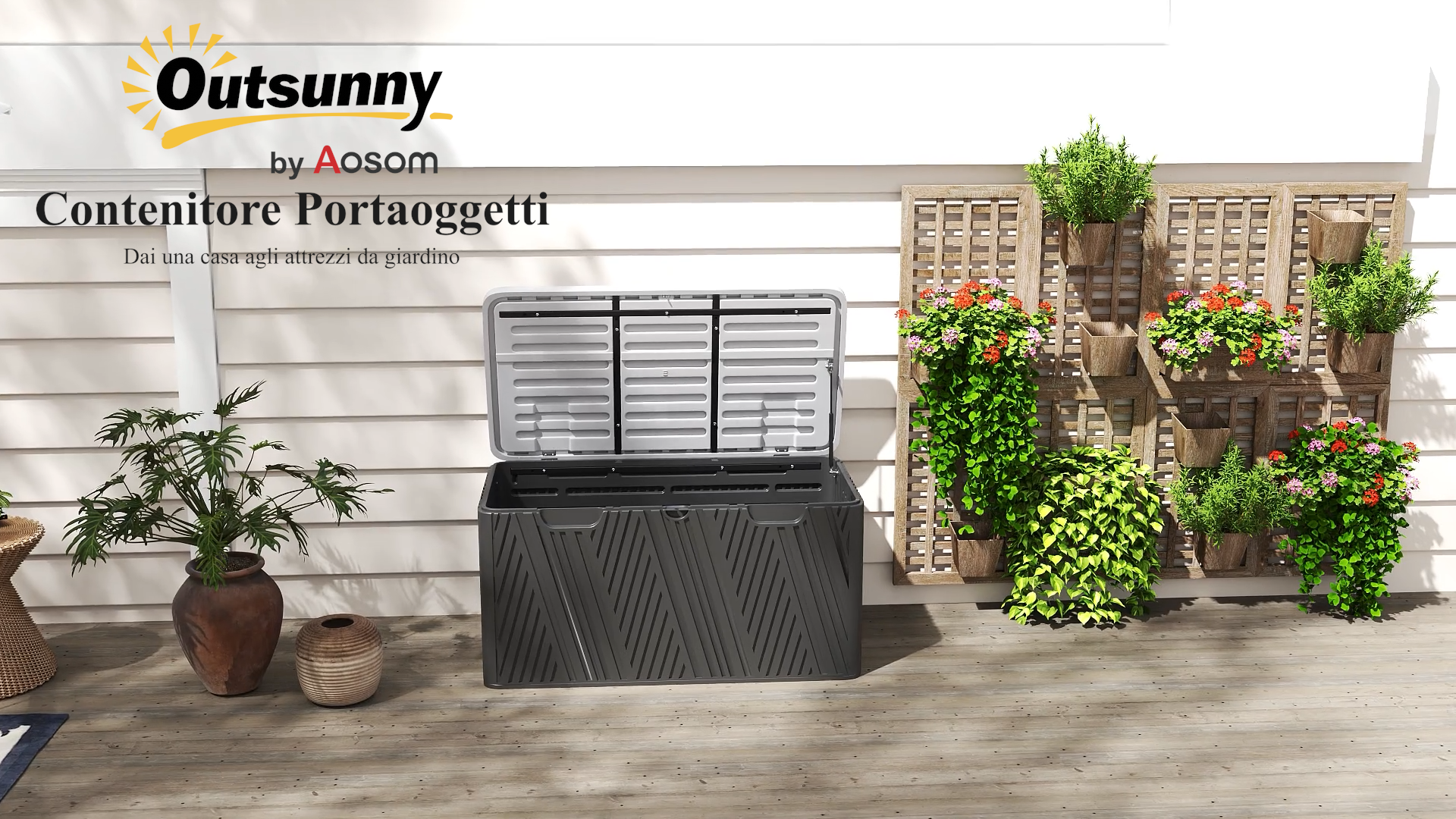 Baule Da Esterno Outsunny 380L - Cassapanca Impermeabile In HDPE, Coperchio A Leva, Nero Grigio
