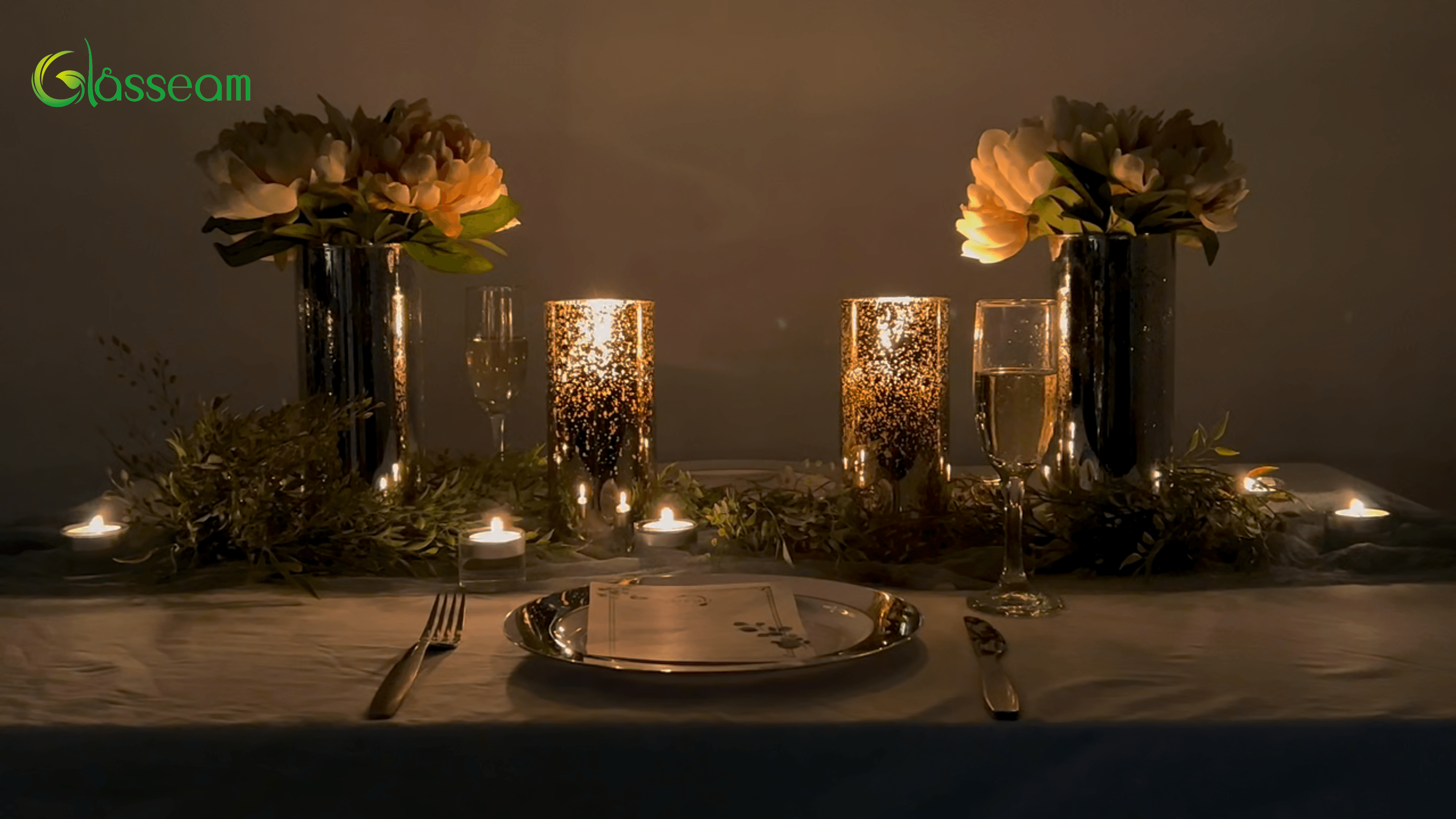 Bougeoir 6 Bras Or Avec Cylindres Verre 60 Cm - Centrepiece Mariage, Noël, Décoration événement