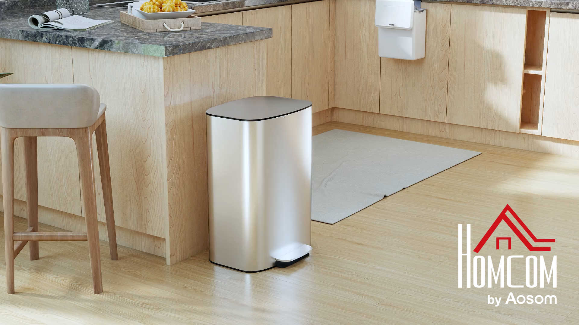 HOMCOM Poubelle cuisine 50L, poubelle à pédale en acier inoxydable avec seau intérieur amovible, couvercle à fermeture douce et maintien en ouverture, filtre anti-odeurs, poignées, anti-traces, gris