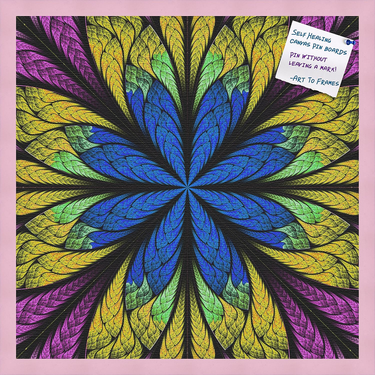 Decorative bulletin board made from self-healing canvas by PinPix, Fractal Psychedelic Flower printed at 24x24 and framed in Baby Pink Stain on Beech