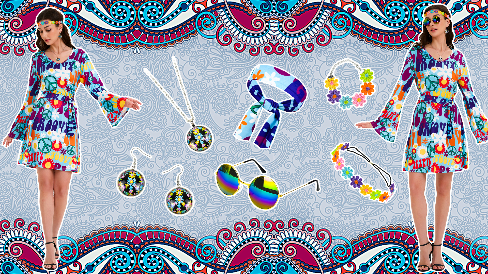 Disfraces De Hippies Retro Antiguo Años 60 Hippie Vestidos Disfraces De Los Años 70 Para Ujer Trajes De Los 70 Hippie Geoétrico Disfraz Ujer Víspera De Todos Los Santos Carnaval Ascarada Evento