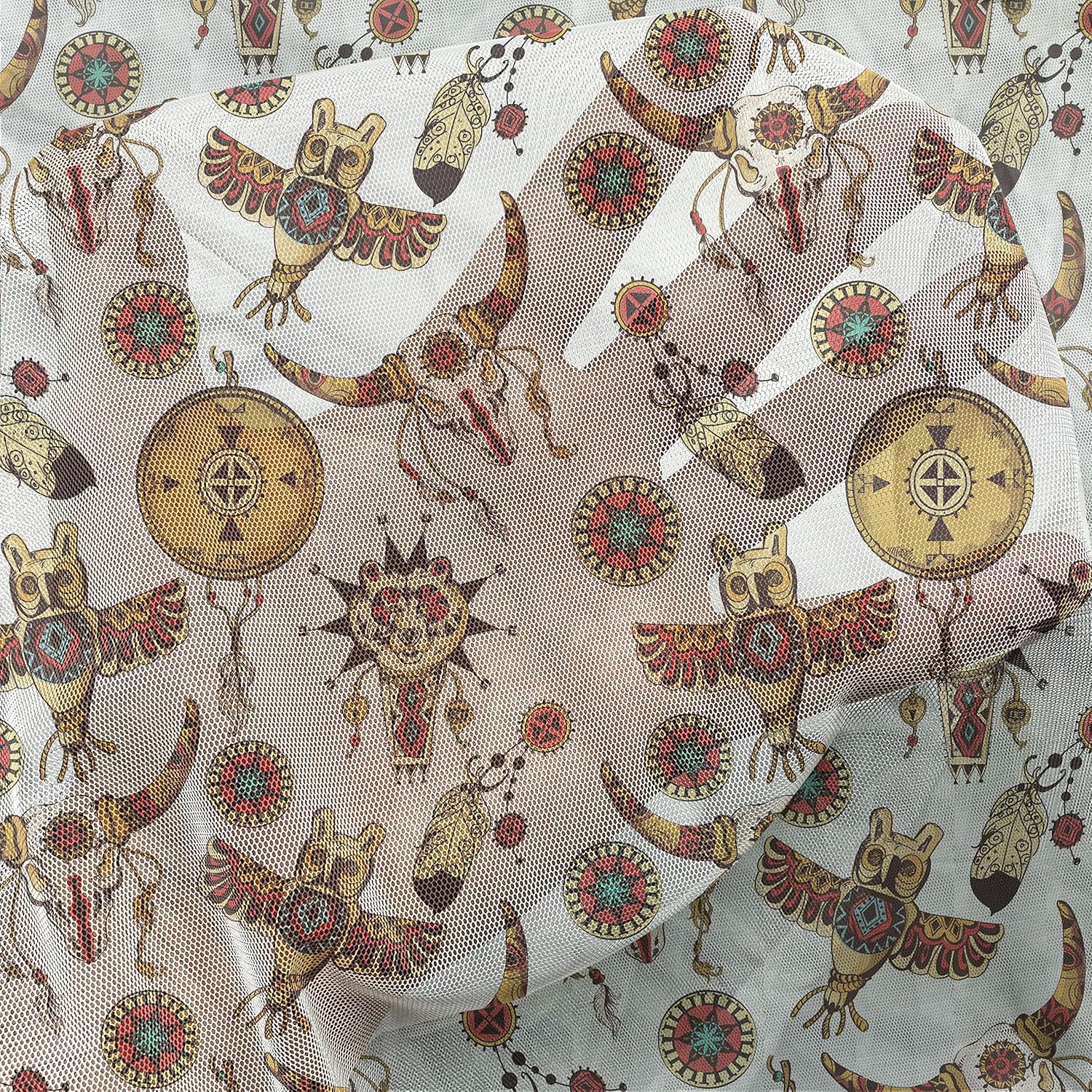 Lunarable Tribal Tulle Curtains with Rod Pocket, Folk Dreamcatchers Totem Animal Skulls Owl Goat Feather Print, Sheer Drape for Wedding Party 2 Panels, 108" x 63", Vermilion Beige