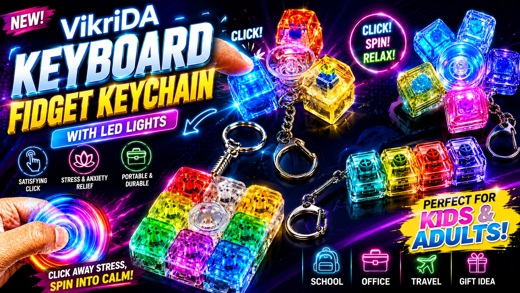 VikriDA Pack of 2 Keyboard Fidget Keychains with LED Lights
