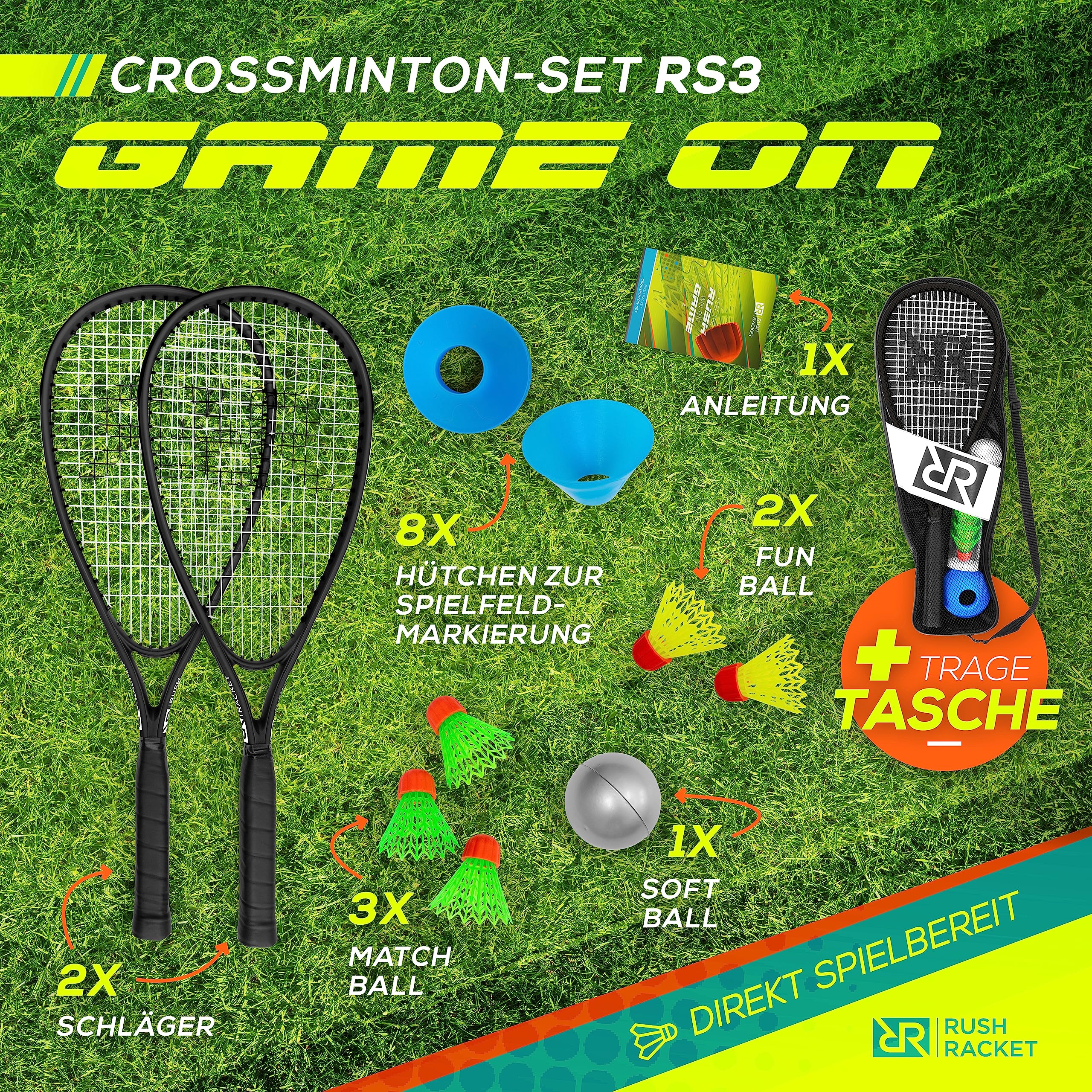 Set RS3 Speed Badminton da 5 pezzi (2 racchette, 5 volani, 1 softball, 8 marcature sul campo, 1 borsa per il trasporto), set da crossminton – Set turbo badminton (nero)