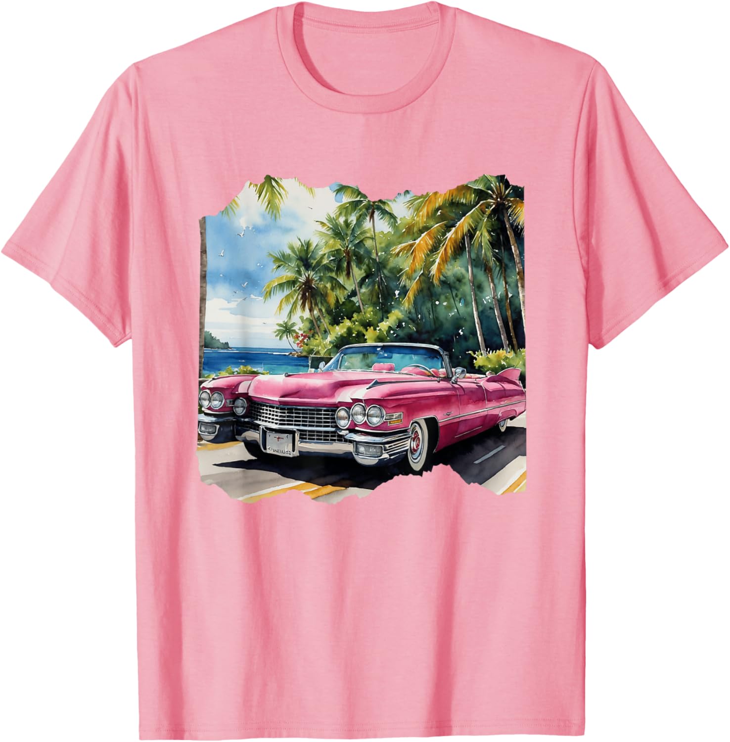 Pink Cadillac Lookin Vintage Vehicle | Watercolor T-Shirt