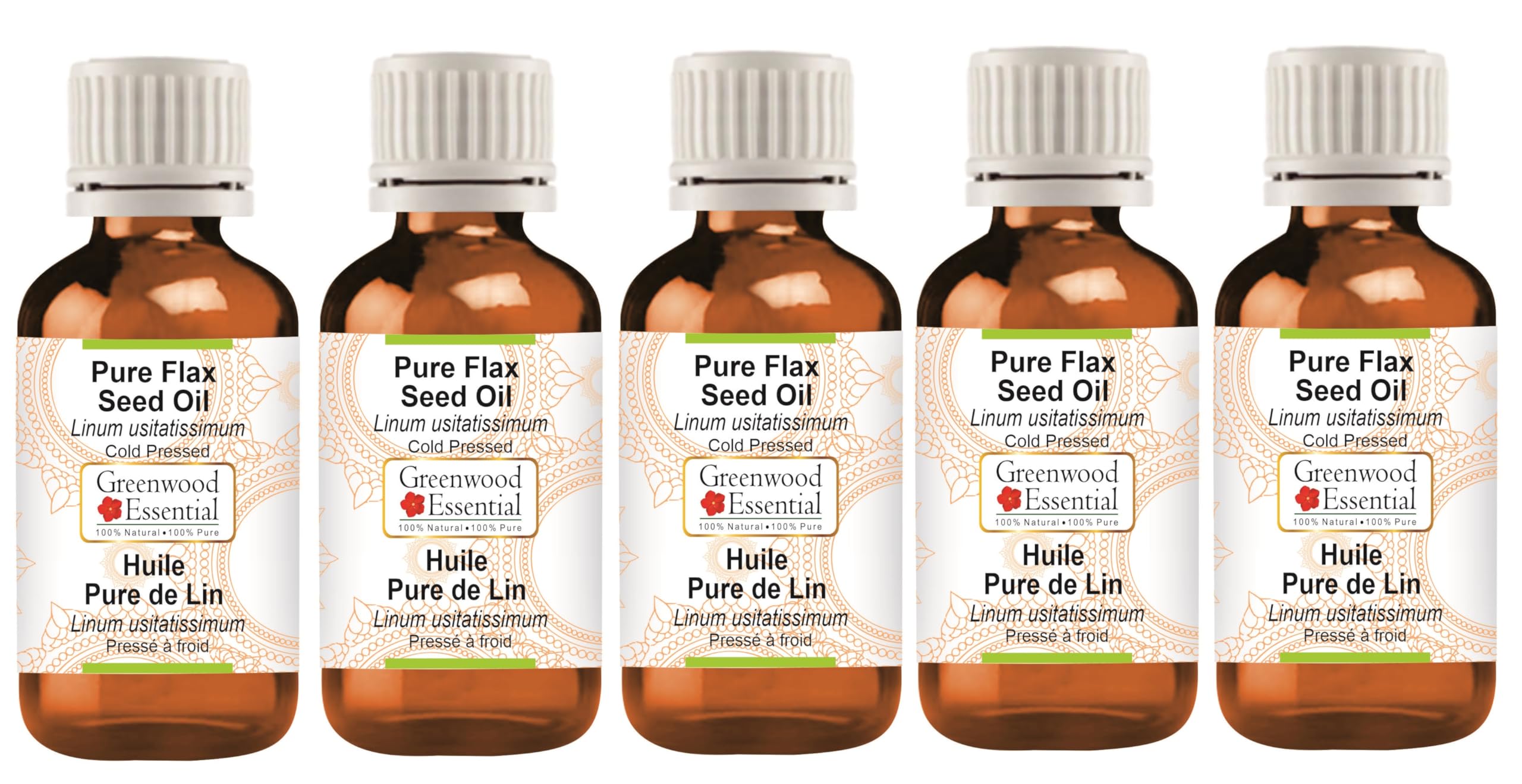 Greenwood Essential Huile de lin naturelle pure (Linum usitatissimum) pressée à froid 100 ml x 5 (16,9 oz)