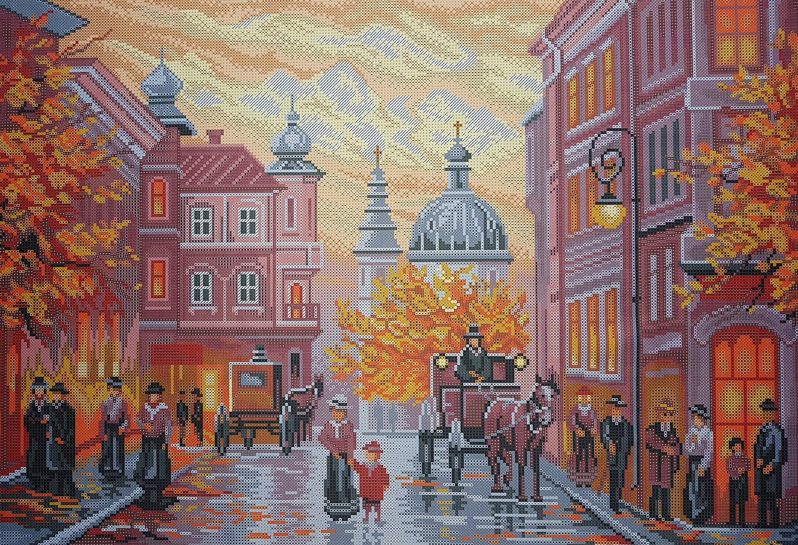 Old City 3D Bead Embroidery kit Retro Autumn Cityscape Needlepoint Tapestry kit Beaded Cross Stitch Broderie Perle beadpoint Pattern