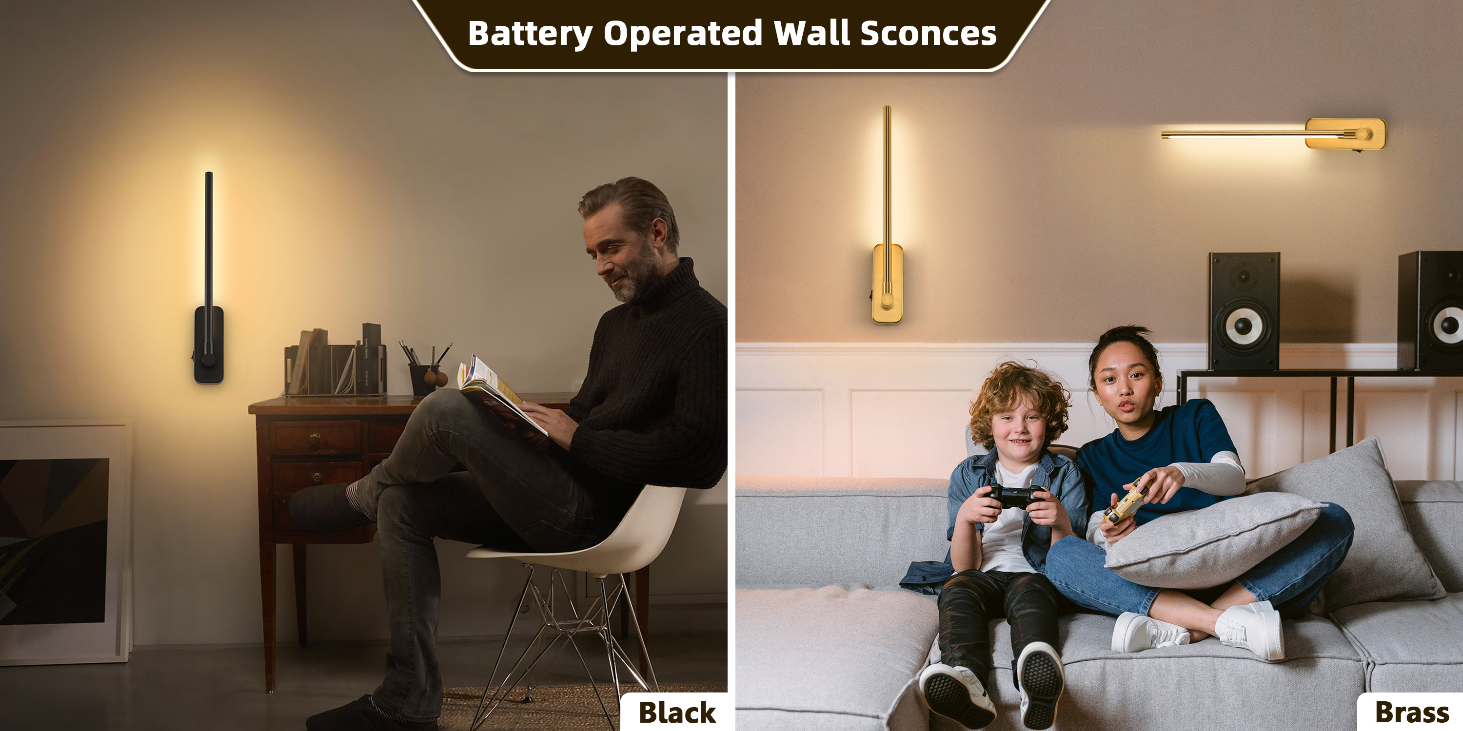 Image of Wireless Wall Sconces Set of 2 - Rechargeable Swing Arm Lights, 3 CCT-Dimmable Battery Powered, 17.32 inch Long Cordless Art Lights for Picture Frames - Black