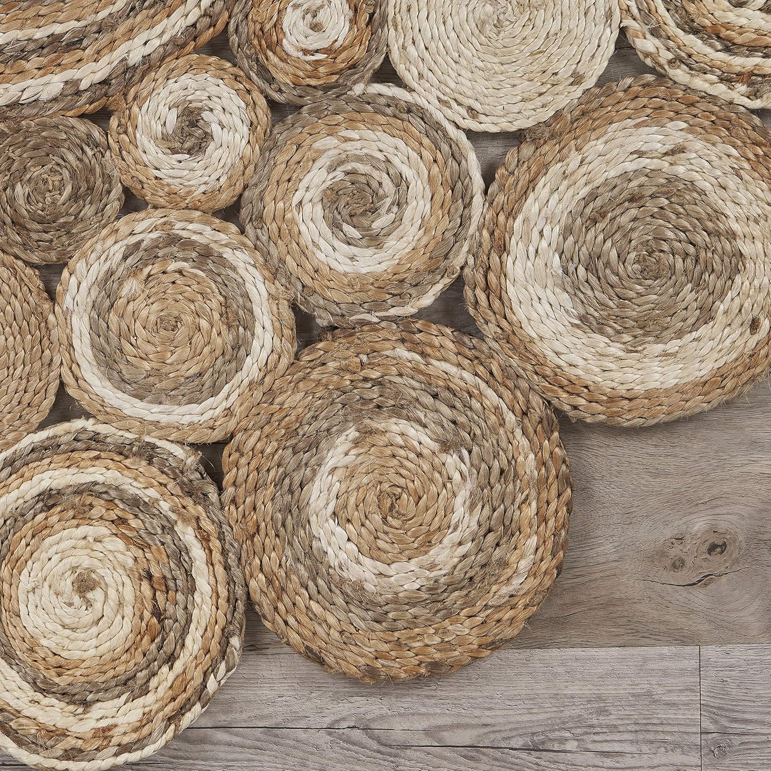 LR Home Natural Jute 4ft Round Area Rug for Home Decor | Braided Jute Rugs for Living Room, Bedroom, Playroom | Bohemian Farmhouse Indoor Carpet for Room Decor | Natural/Bleach Gray