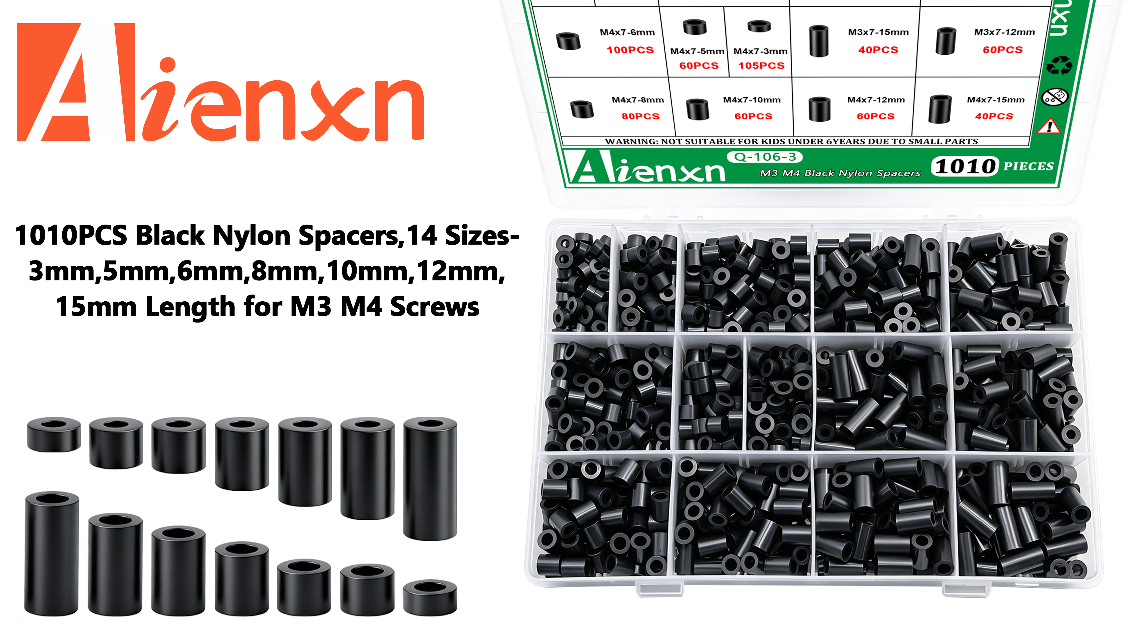 Image of 1010PCS Black Nylon Spacers Kit, 14 Sizes- 3mm,5mm,6mm,8mm,10mm,12mm,15mm Length for M3 M4 Screws, Non-Threaded Round Plastic Spacers Suitable for Switch & Receptacle Screws