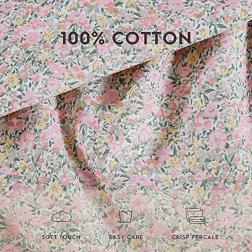 Miniatura 7 de Laura Ashley Lovestone Juego de sábanas, de percal de algodón, ligeras, transpirables, esenciales para dormitorio, tamaño Queen, color rosa