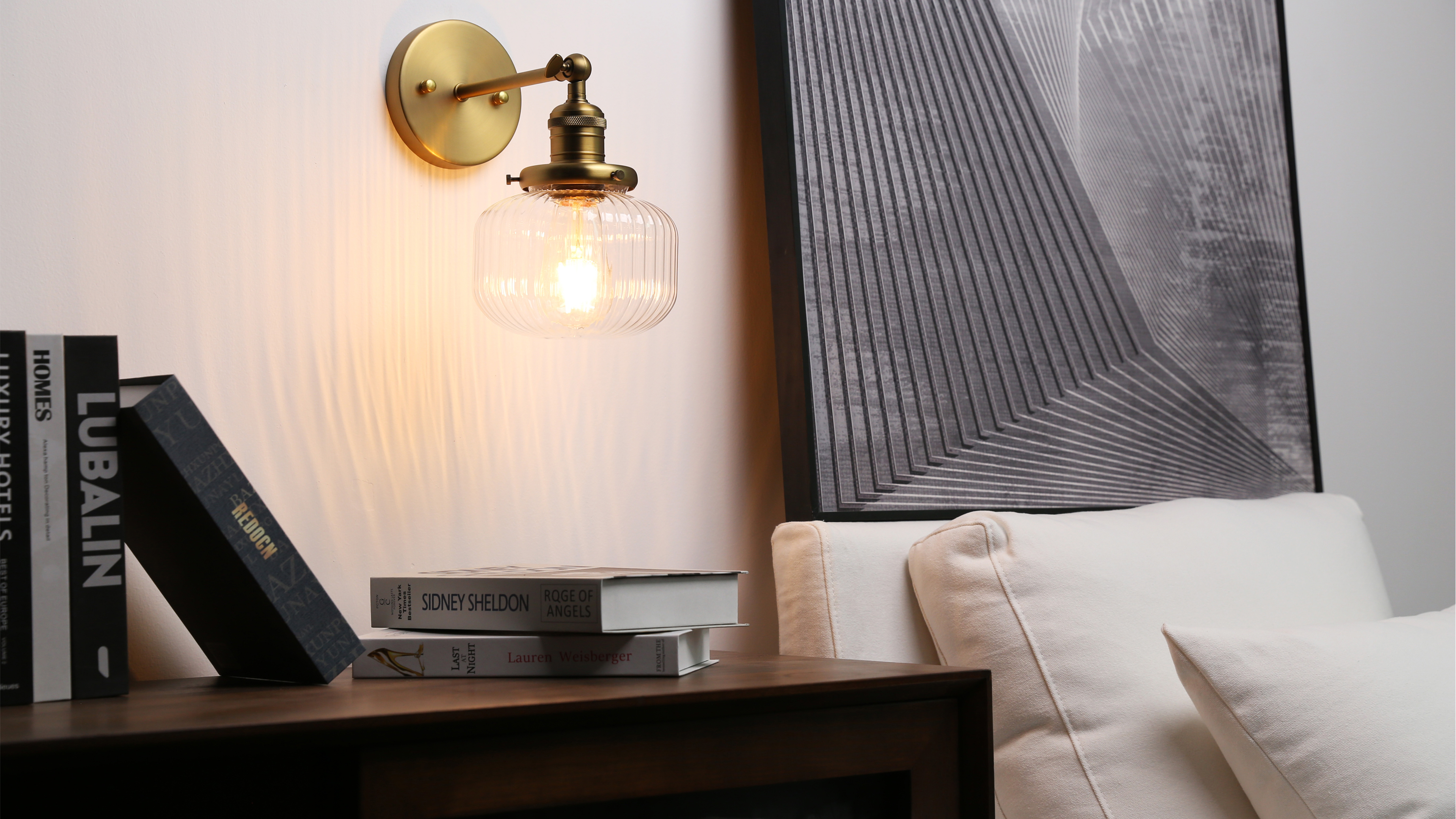 Image of PERMO Single Sconce Vintage Industrial Wall Sconce Light Fixture with Flate Globe Ribbed Shade for Bedroom Livingroom Bathroom (Brass Gold)