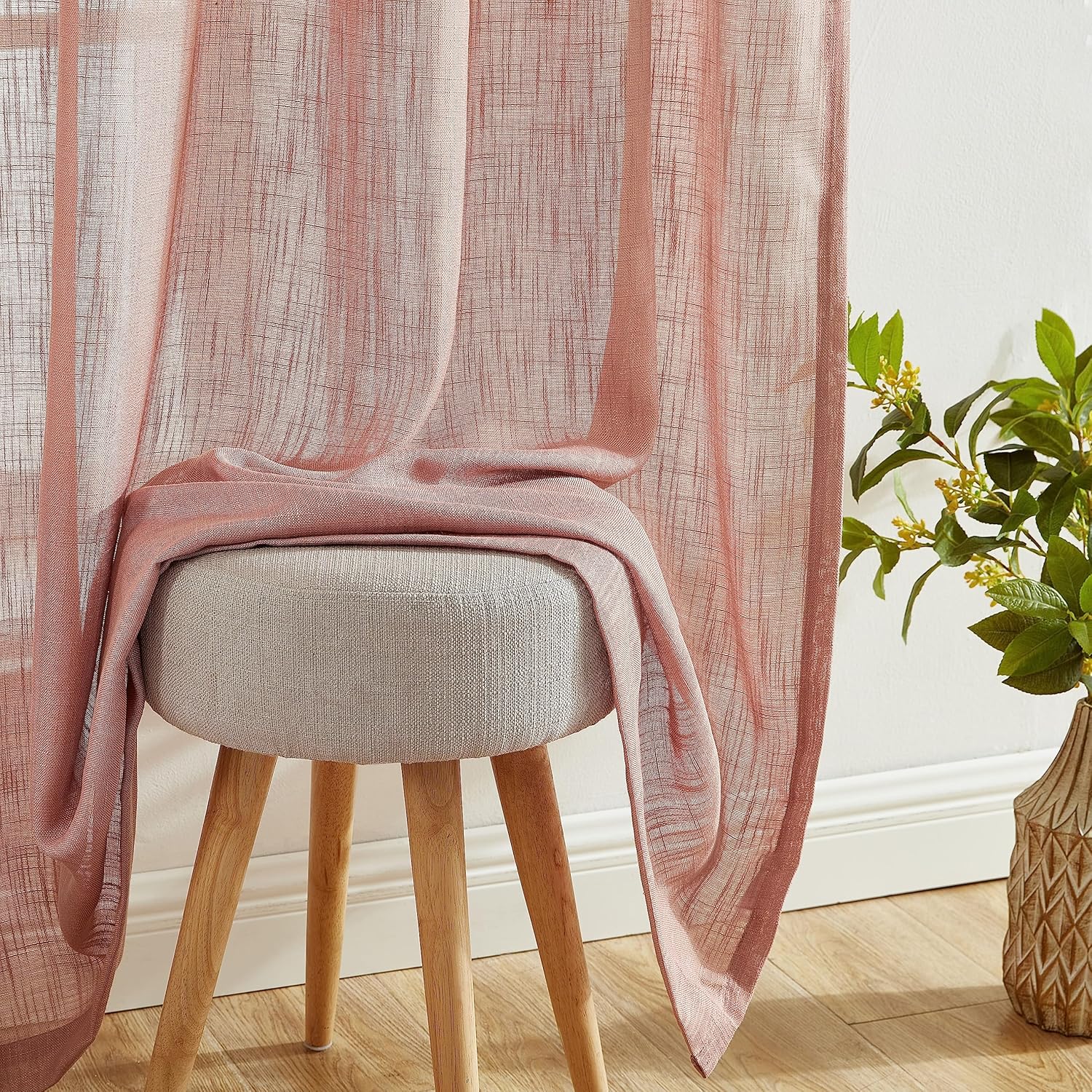 HLC.ME Linda Faux Linen Textured Semi Sheer Privacy Light Filtering Window Rod Pocket Floor Length Thick Curtains Drapery Panels for Office & Living Room, 2 Panels (54 W x 84 L, Blush Pink)