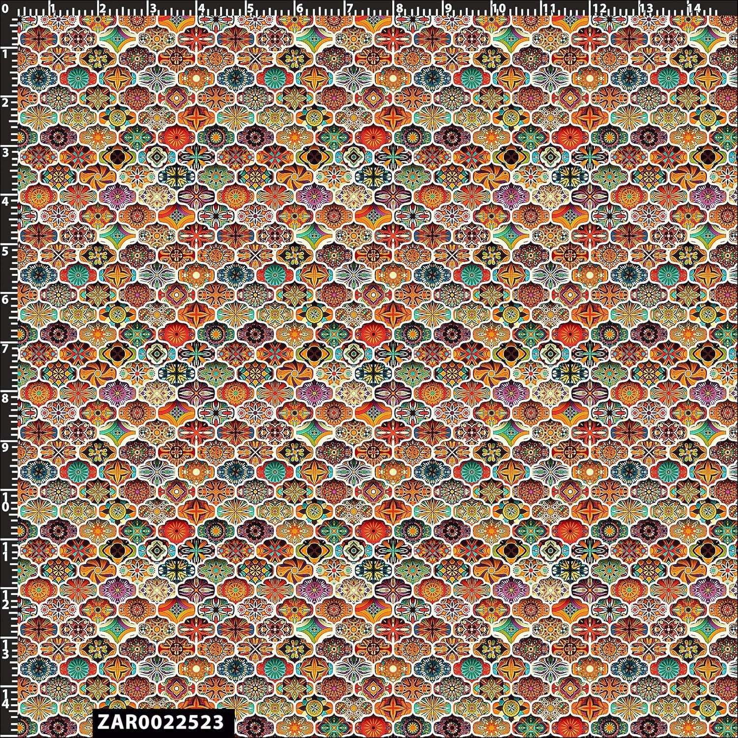 Floral Geometric Design 100% Cotton Quilting Fabric by The Yard - (Spicy Orange, Turquoise and Orchid)