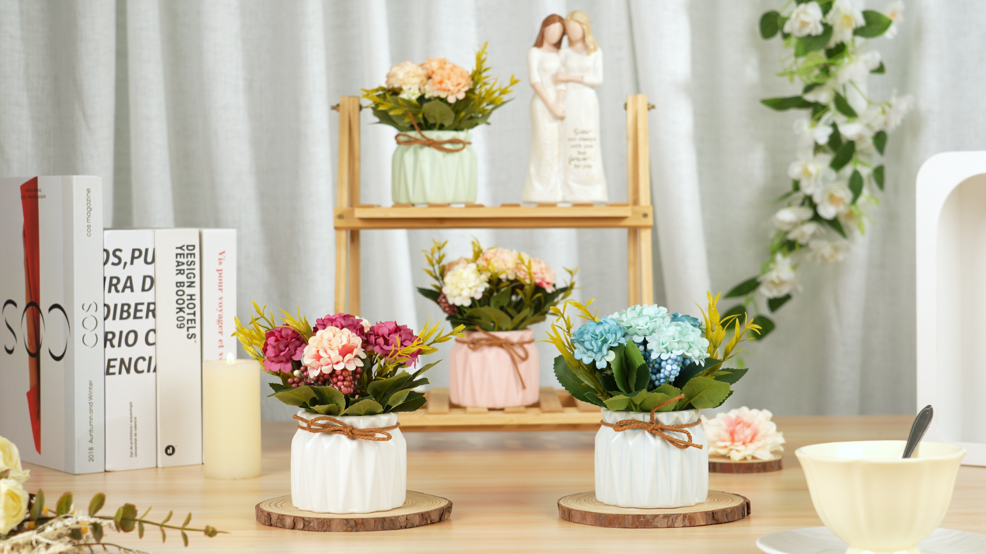 Hobyhoon Fiori Artificiali Ortensie E Crisantemi Con Vaso - Centrotavola Decorativo