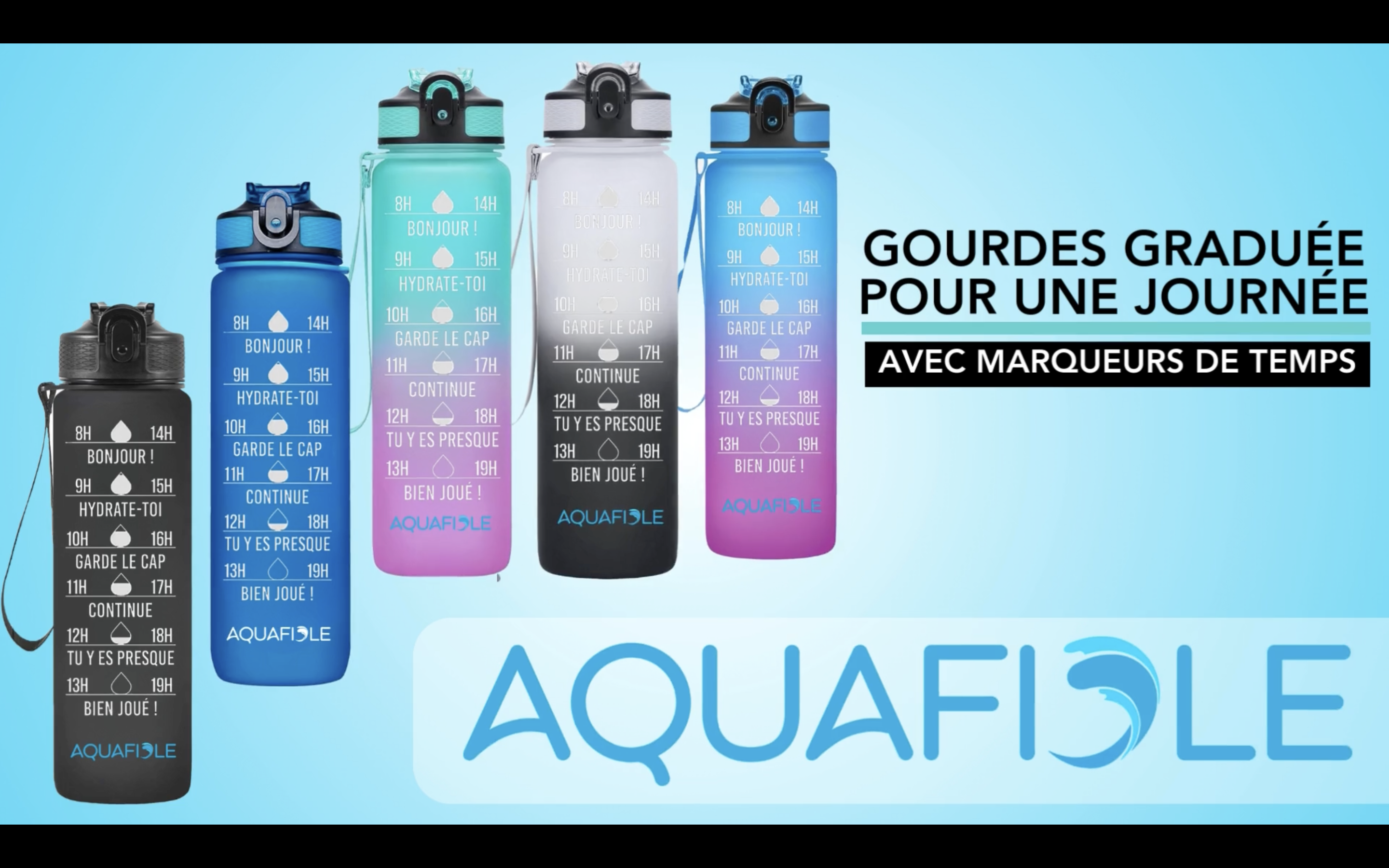 Gourde Aquafiole 1L Avec Marqueurs De Temps – Sans BPA, Paille, Pour Sport, Camping, Randonnée, Vélo