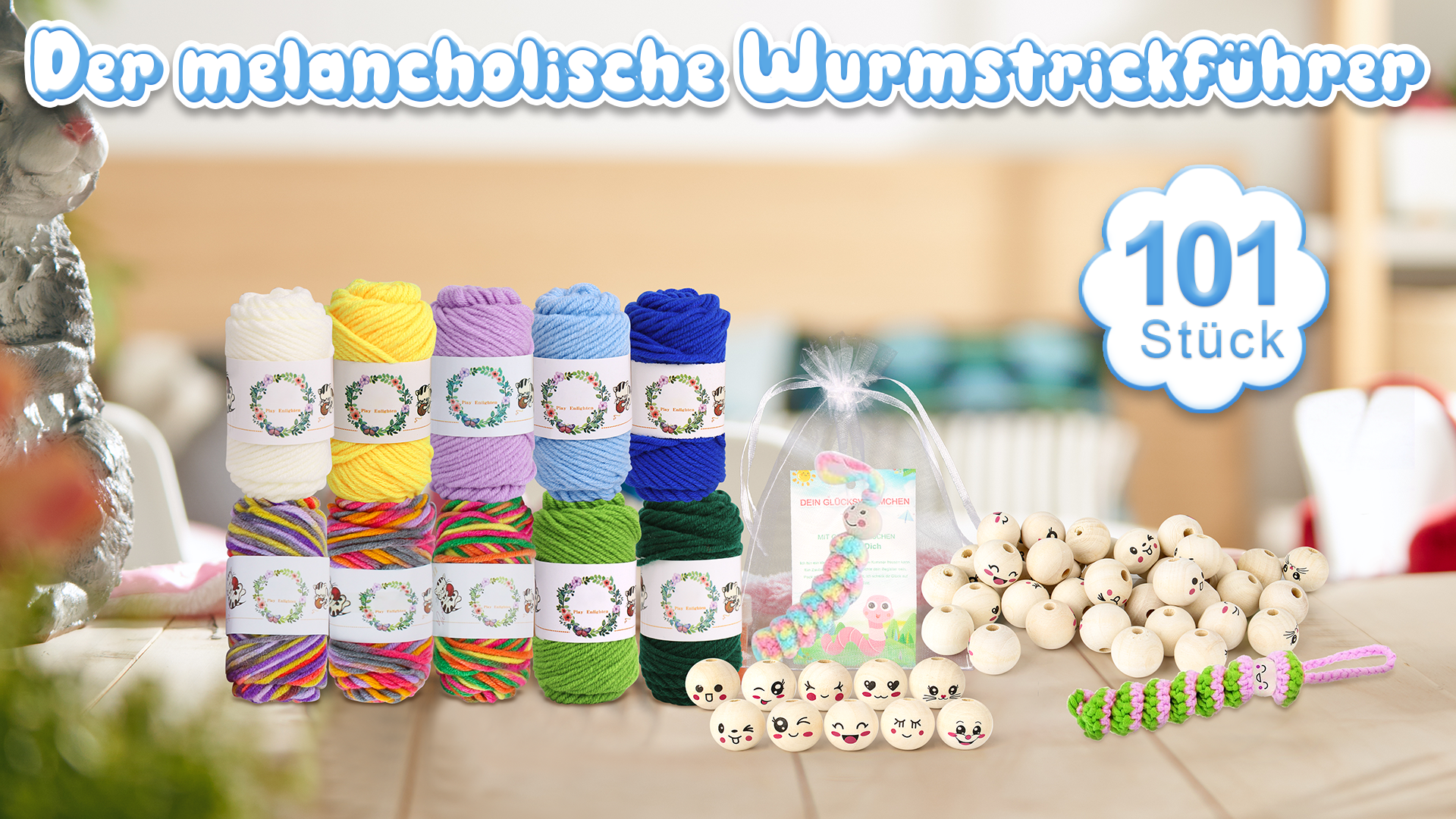 Sorgenwürmchen Häkelset 102-teilig - Mit Holzkugeln, Garn & Zubehör Für Anfänger