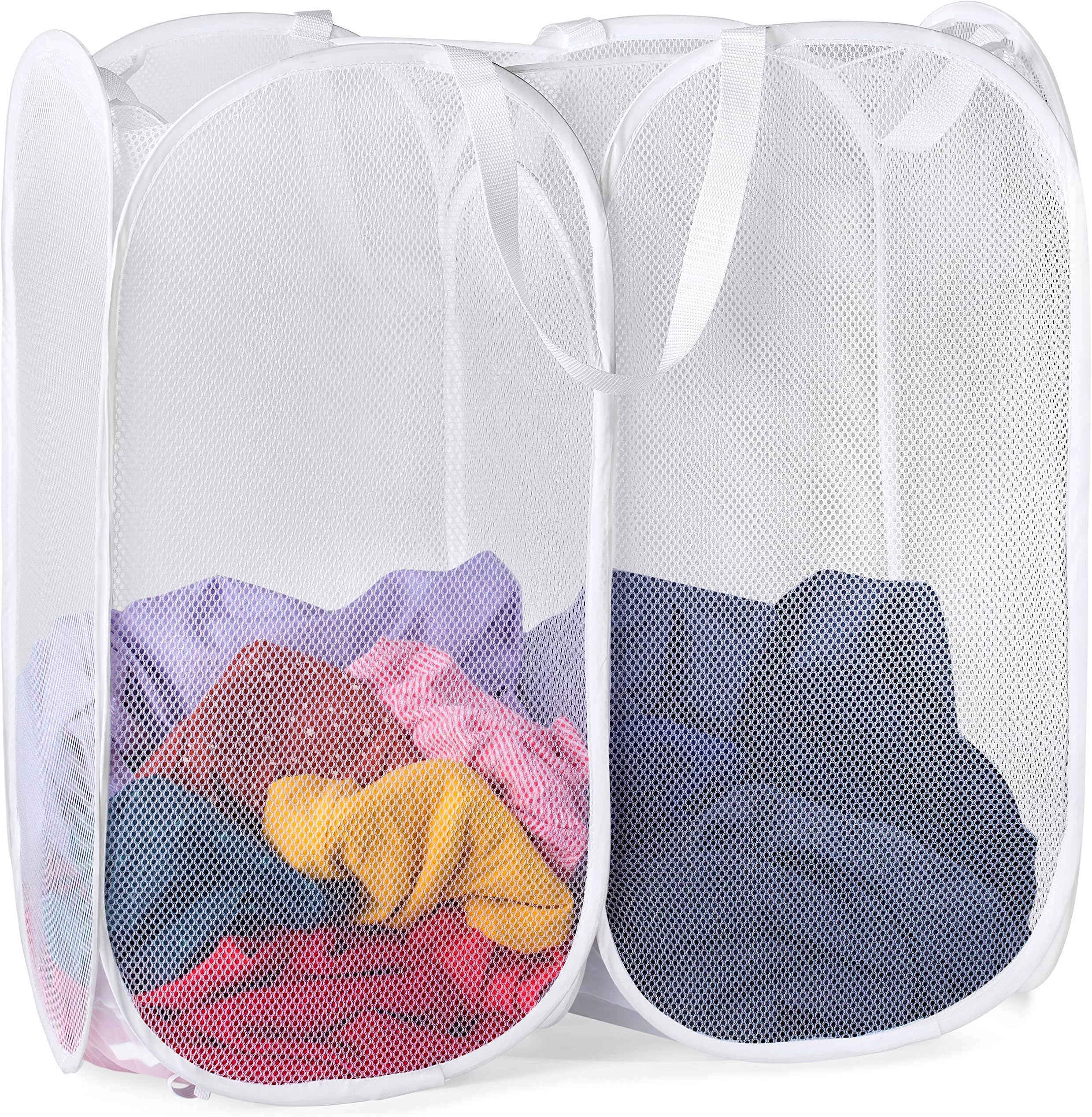 Mesh Popup Laundry Hamper - Two Compartments, Collapsible for Storage and Easy to Open. Folding Pop-Up Clothes Hampers are Great for The Kids Room, College Dorm or Travel. (White)