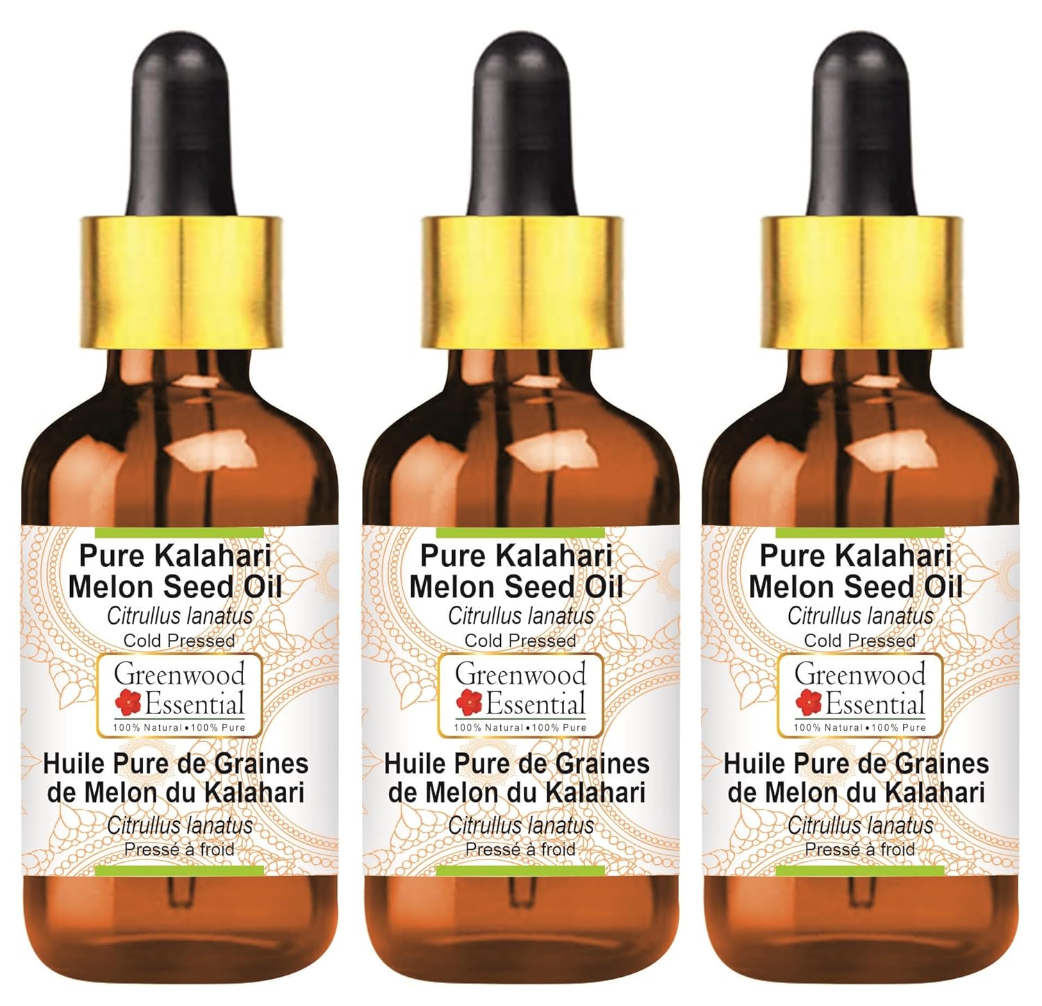 Greenwood Essential Pure Kalahari Melon Seed Oil (Citrullus lanatus) with Glass Dropper Cold Pressed (Pack of Two) 100ml X 2 (6.76 oz)