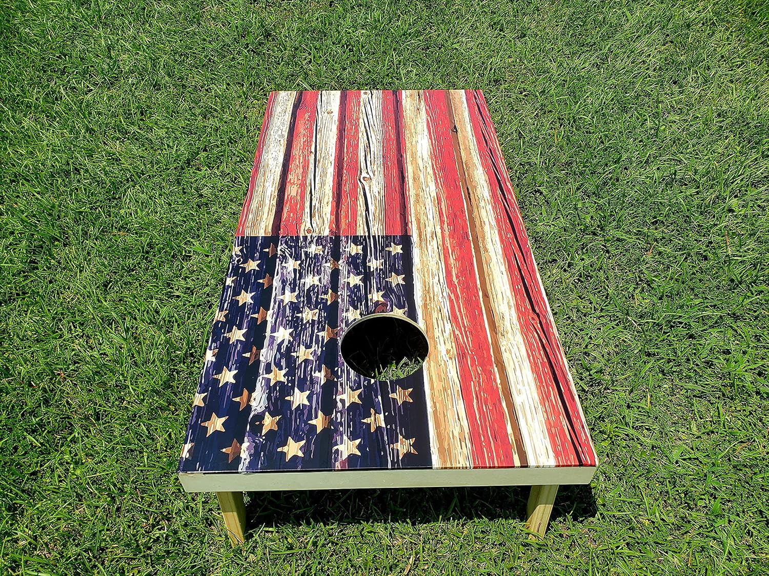 Cornhole Board Wrap | Vinyl Skin Decals for Regulation Size Bag Toss Game | 24 in x 48 in | American Flag Distressed Wood | Red White and Blue Design