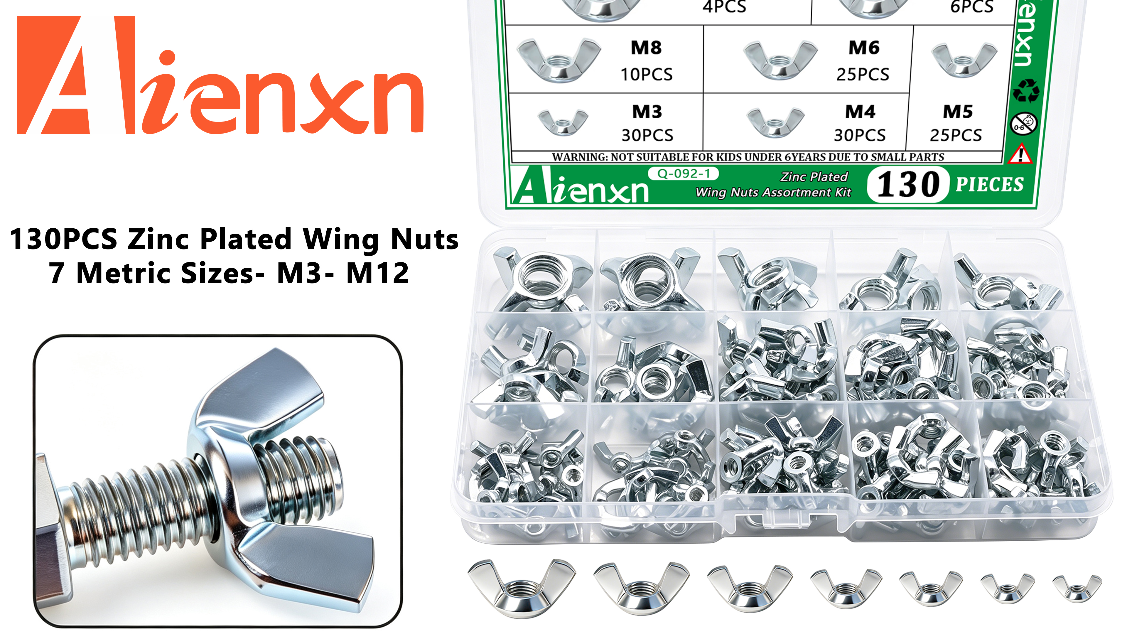Image of 130PCS Metric Wing Nuts Assortment Kit, 7 Sizes- M3, M4, M5, M6, M8, M10, M12 Zinc Plated Wingnuts Fasteners, Parts Butterfly Wing Nut