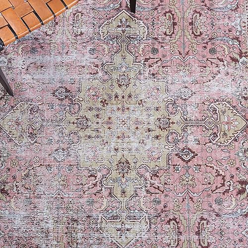 Miniatura 8 de SAFAVIEH Alfombra lavable Tucson Collection - 6 x 9 pies, rosa y beige, antideslizante, ideal para zonas de alto tráfico en sala de estar,