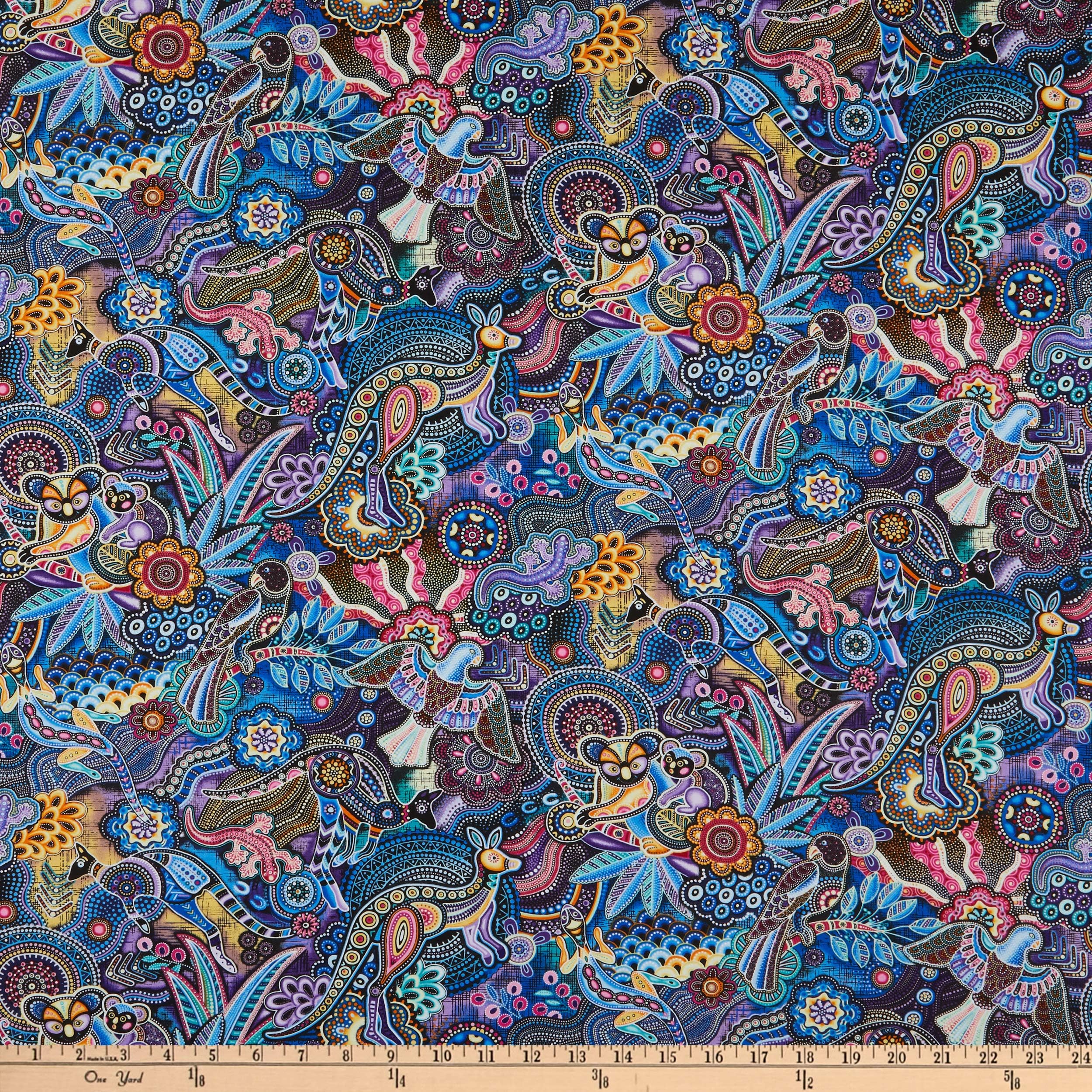 Oasis Fabrics Gondwana Multi AnimalsNavy/Purple, Quilting Fabric by the Yard