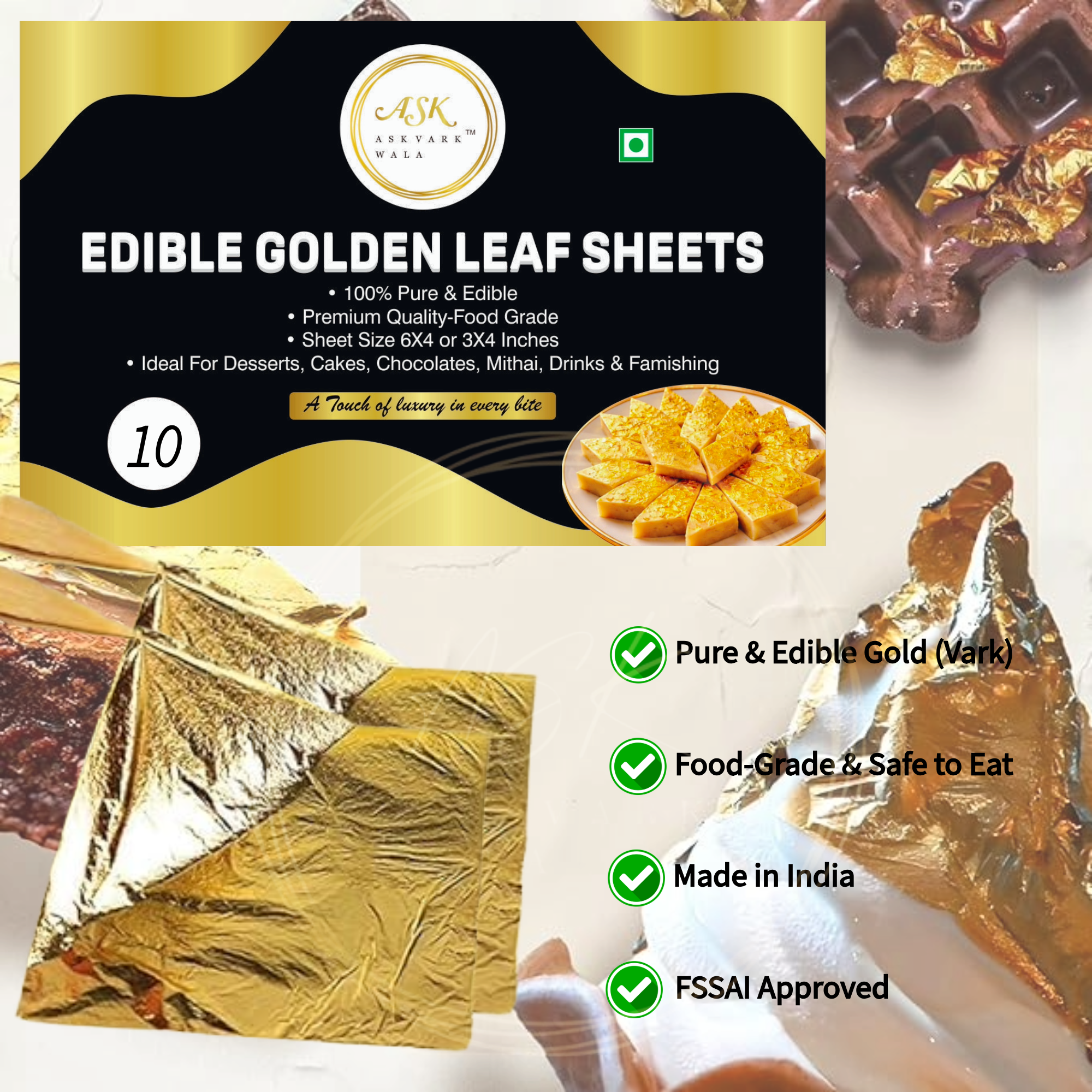 Buy ASK VARK WALA 24k Pure Edible Gold Vark Golden leaf 50MMx50MM