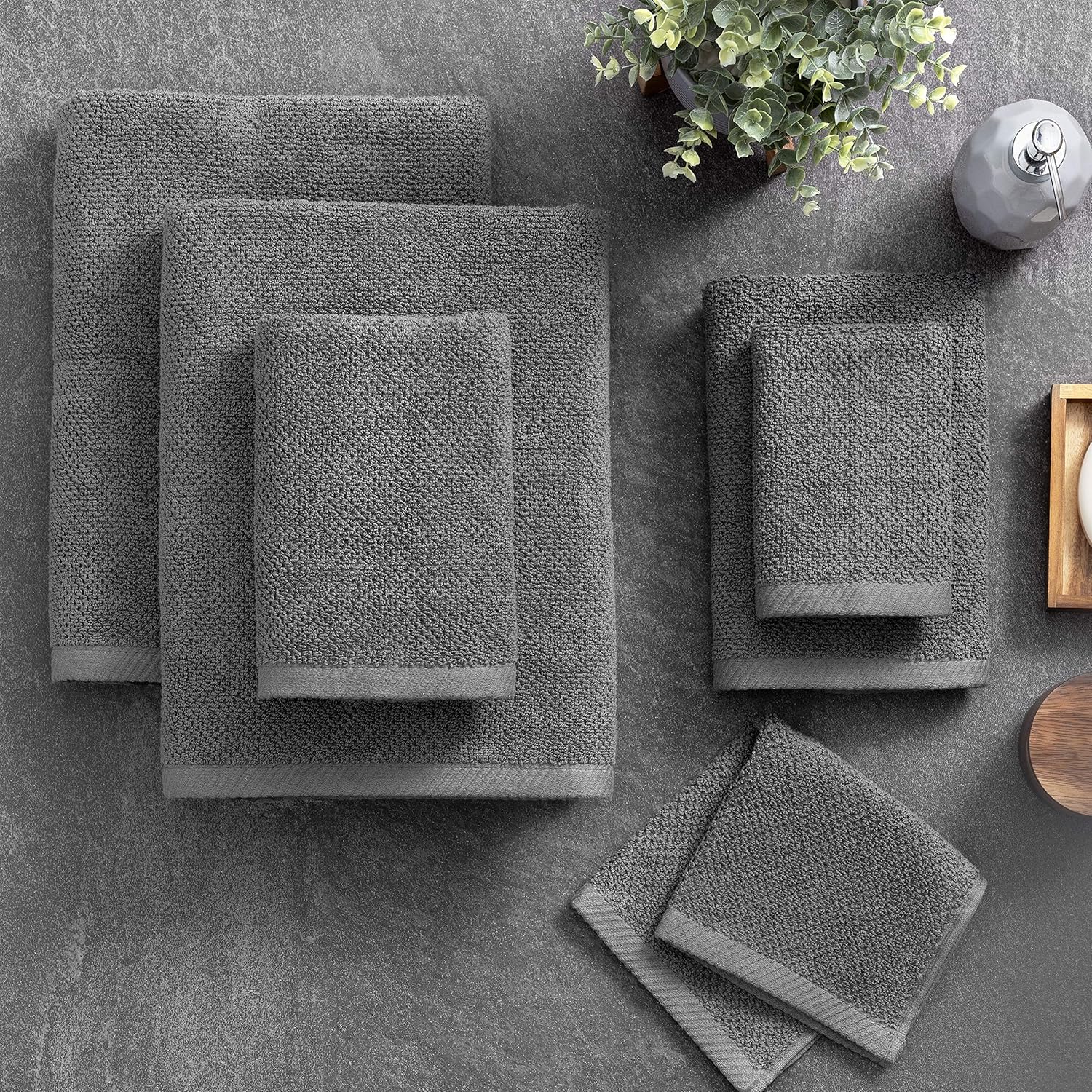 Welhome Franklin 100% Cotton Popcorn Textured Towel Set - 6 Piece 600 GSM, Soft & Plush, 2 Bath Towels, 2 Hand Towels, 2 Washcloths, Dark Gray