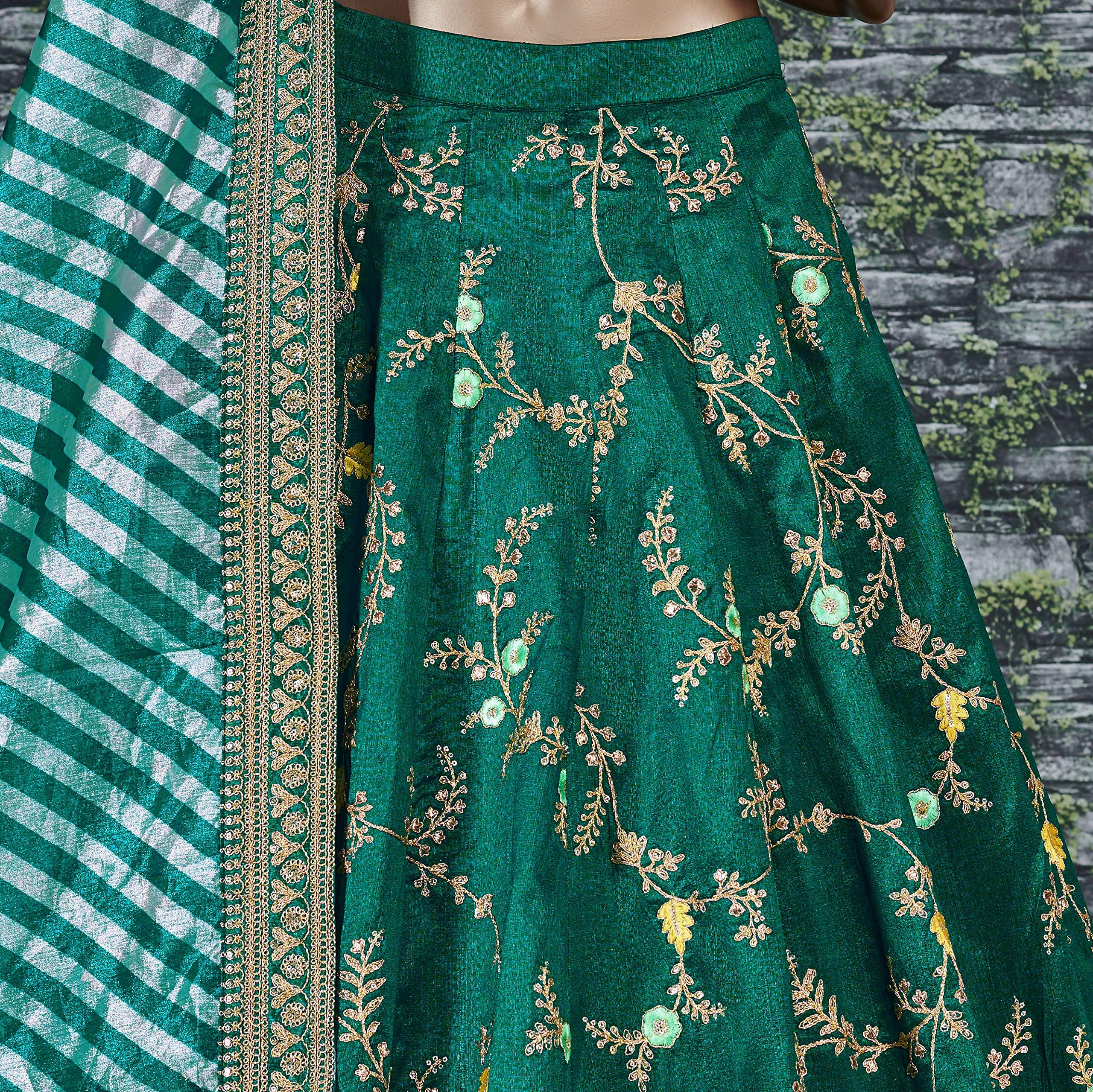 Zeel Clothing Women's Faux Silk Semi stitched Lehenga Choli (7025_Green_Free Size) 4