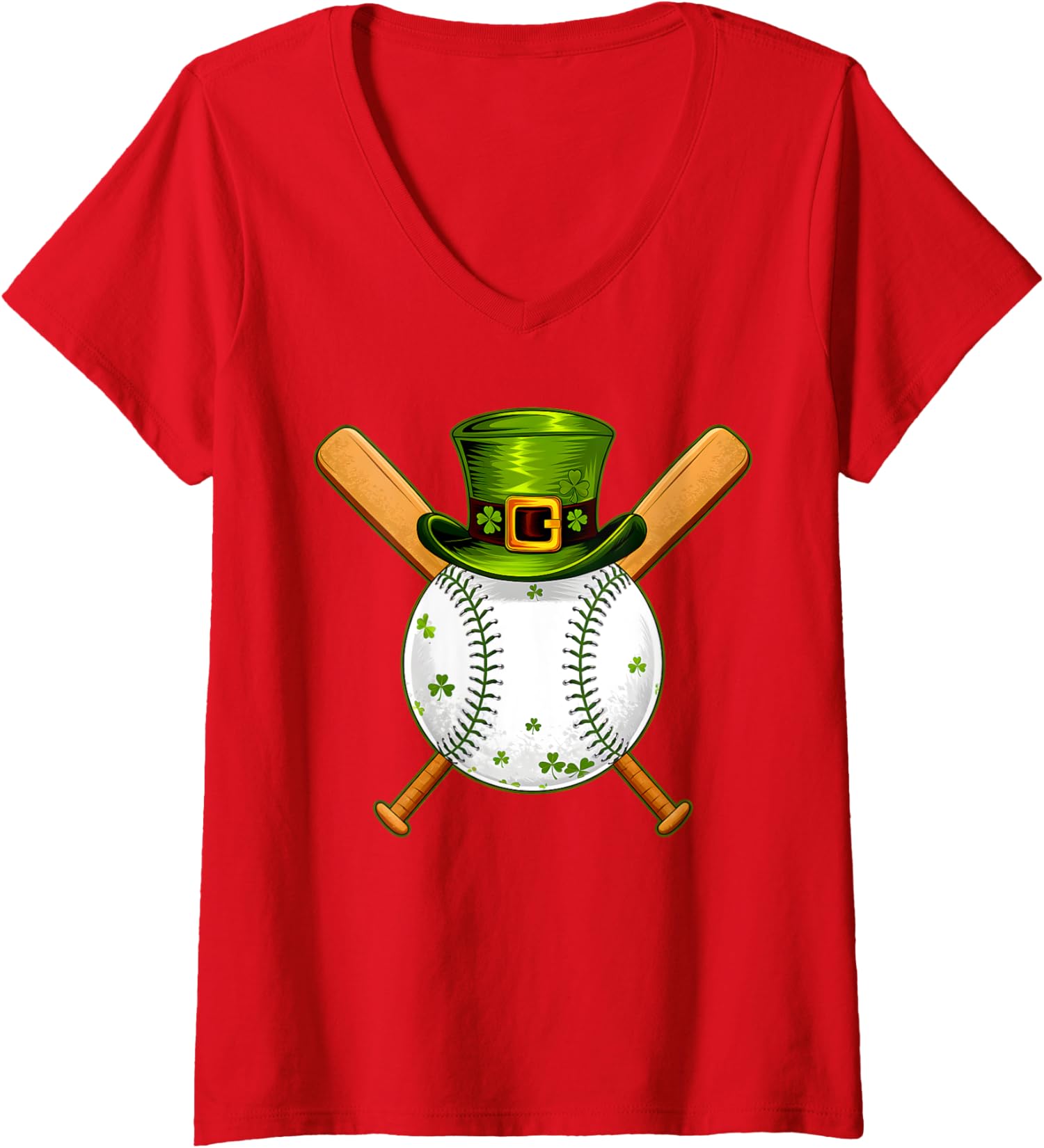 Baseball St Patricks Day Catcher Lucky Shamrock Ladies' V-Neck Tshirt - Picture 4 of 4