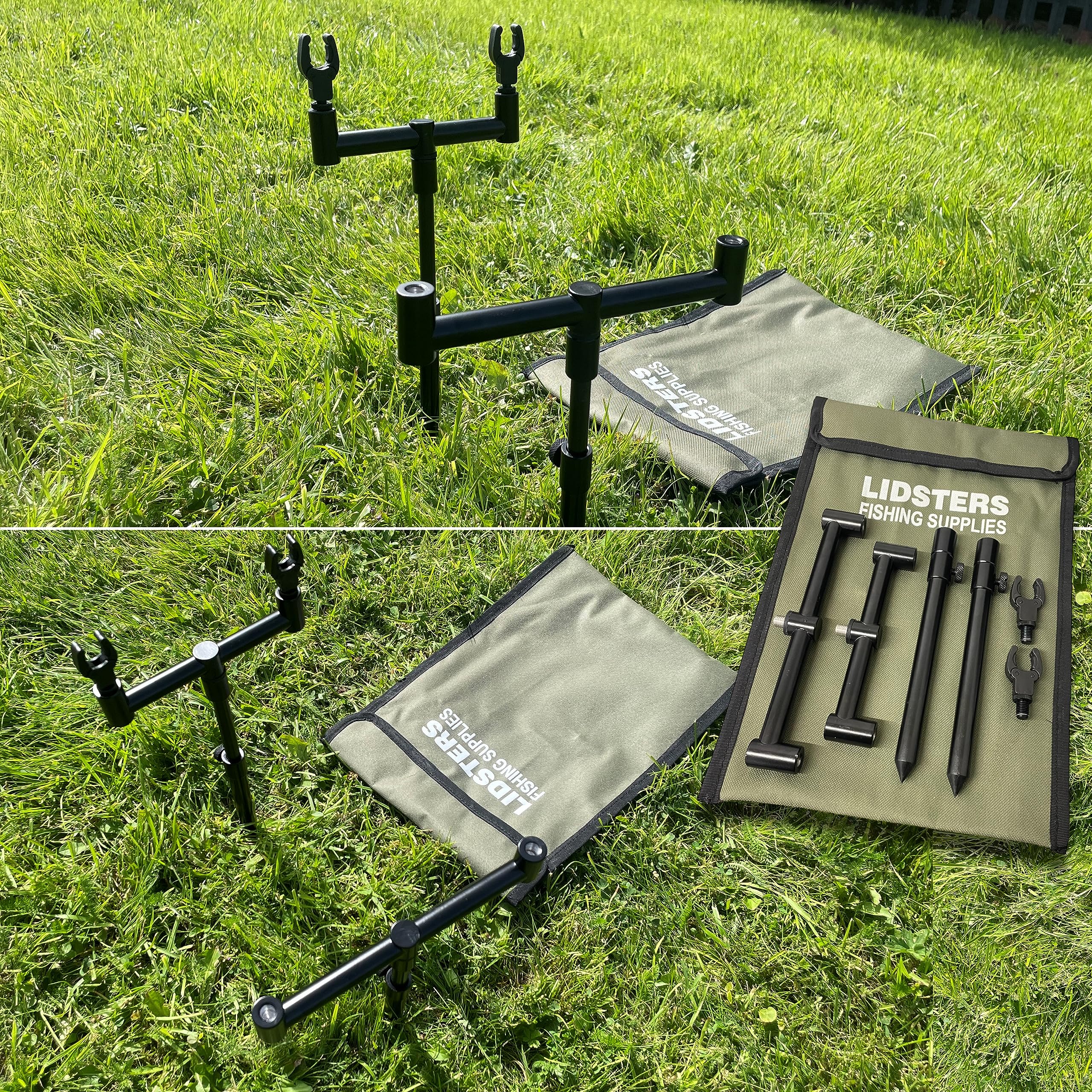 2 ROD SET UP BLACK 2 20-30CM BANK STICKS 2 BUZZ BARS CARP FISHING 16MM + 2 RESTS