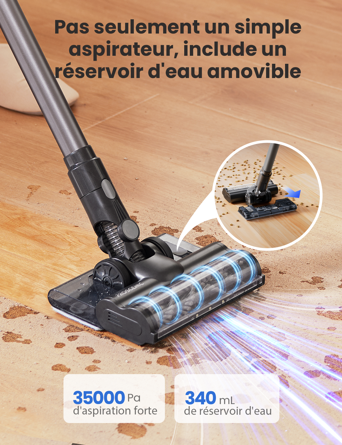 Proscenic P11 Mopping Aspirateur Balai Sans Fil 45KPa – Laveur 2-en-1, 55 Min, LED, Poils Animaux