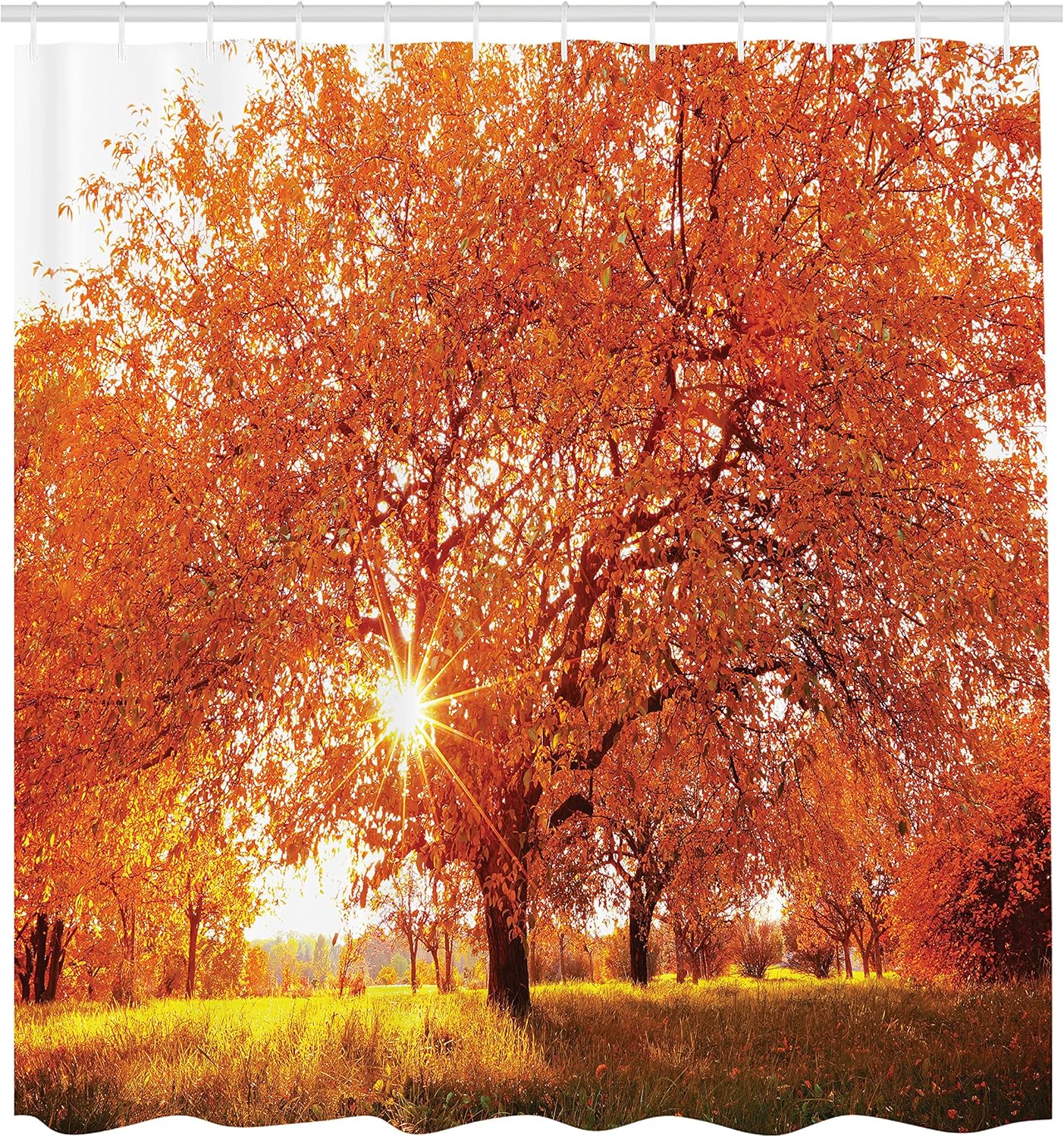 Ambesonne Landscape Shower Curtain, Autumn Season Fall Trees Sunset in Garden Plant Leaves Relaxing Art Photo, Cloth Fabric Bathroom Decor Set with Hooks, 69" W x 70" L, Vermilion Yellow
